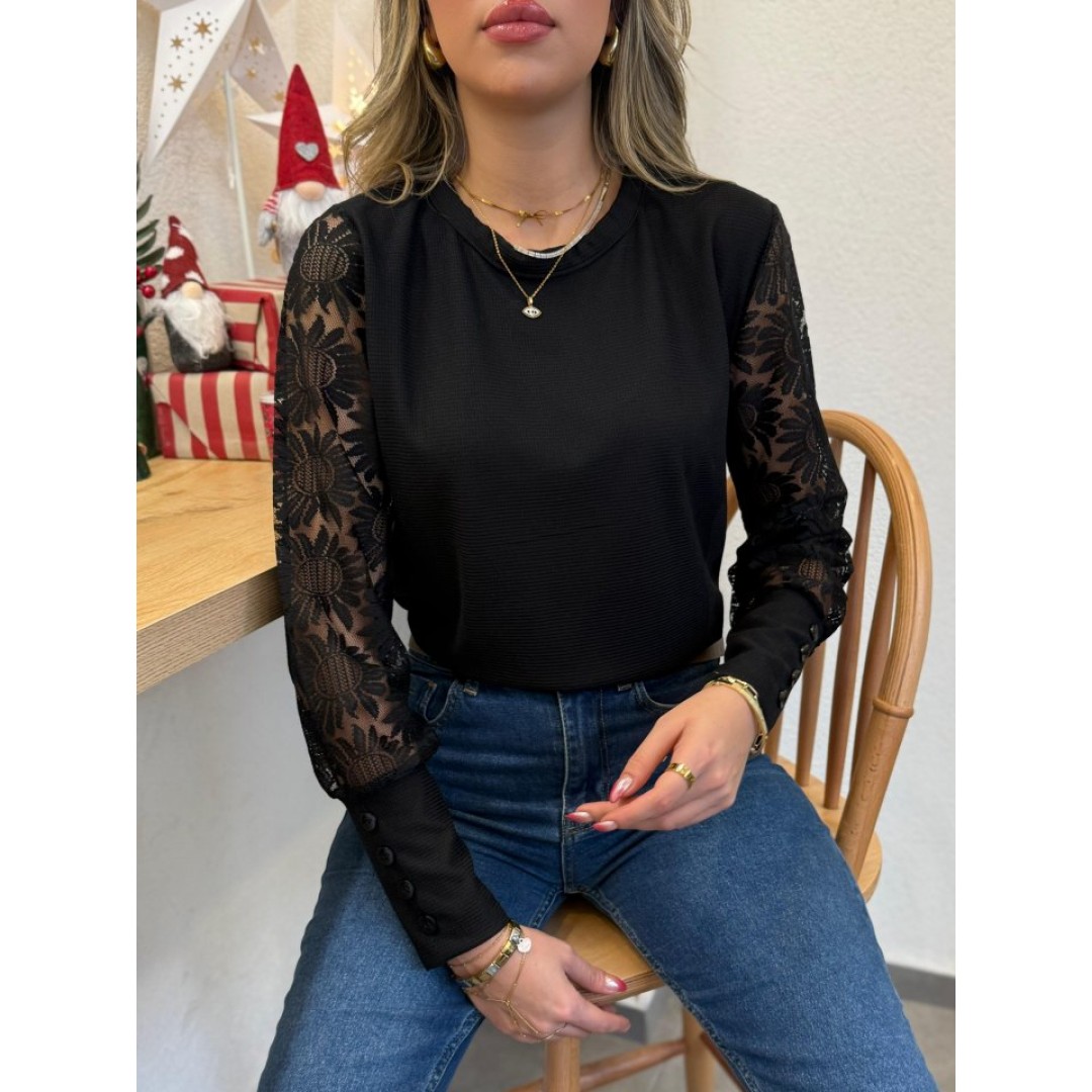 Kadın Uzun Kollu Bisiklet Yaka Kolları çiçekli Waffle Bluz - 135595 Kadın Uzun Kollu Bisiklet Yaka Kolları çiçekli Waffle Bluz - 135595