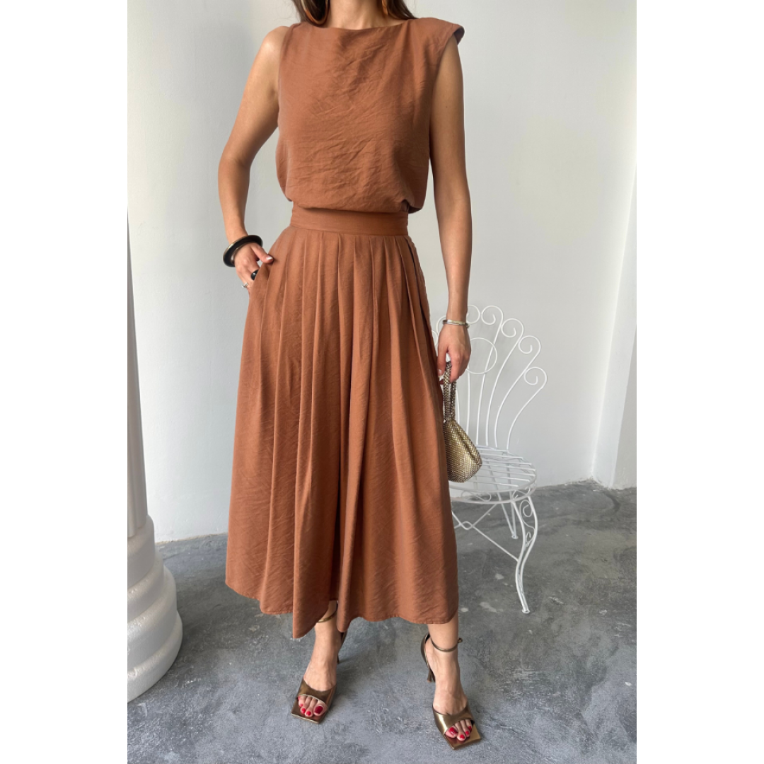 KETEN KOLSUZ BLUZ - MAXİ ETEK TAKIM - Kahverengi 161852 KETEN KOLSUZ BLUZ - MAXİ ETEK TAKIM - Kahverengi 161852