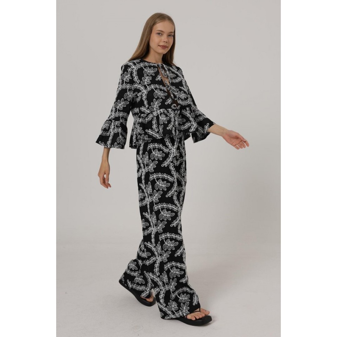İşlemeli Oversize Pantolon - Siyah