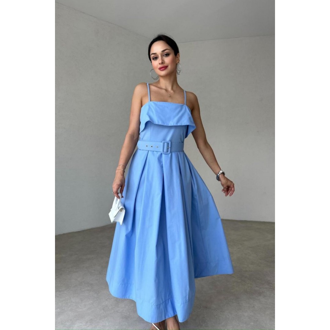 Mavi Beli Kemerli Pileli Elbise - 153842 Mavi Beli Kemerli Pileli Elbise - 153842