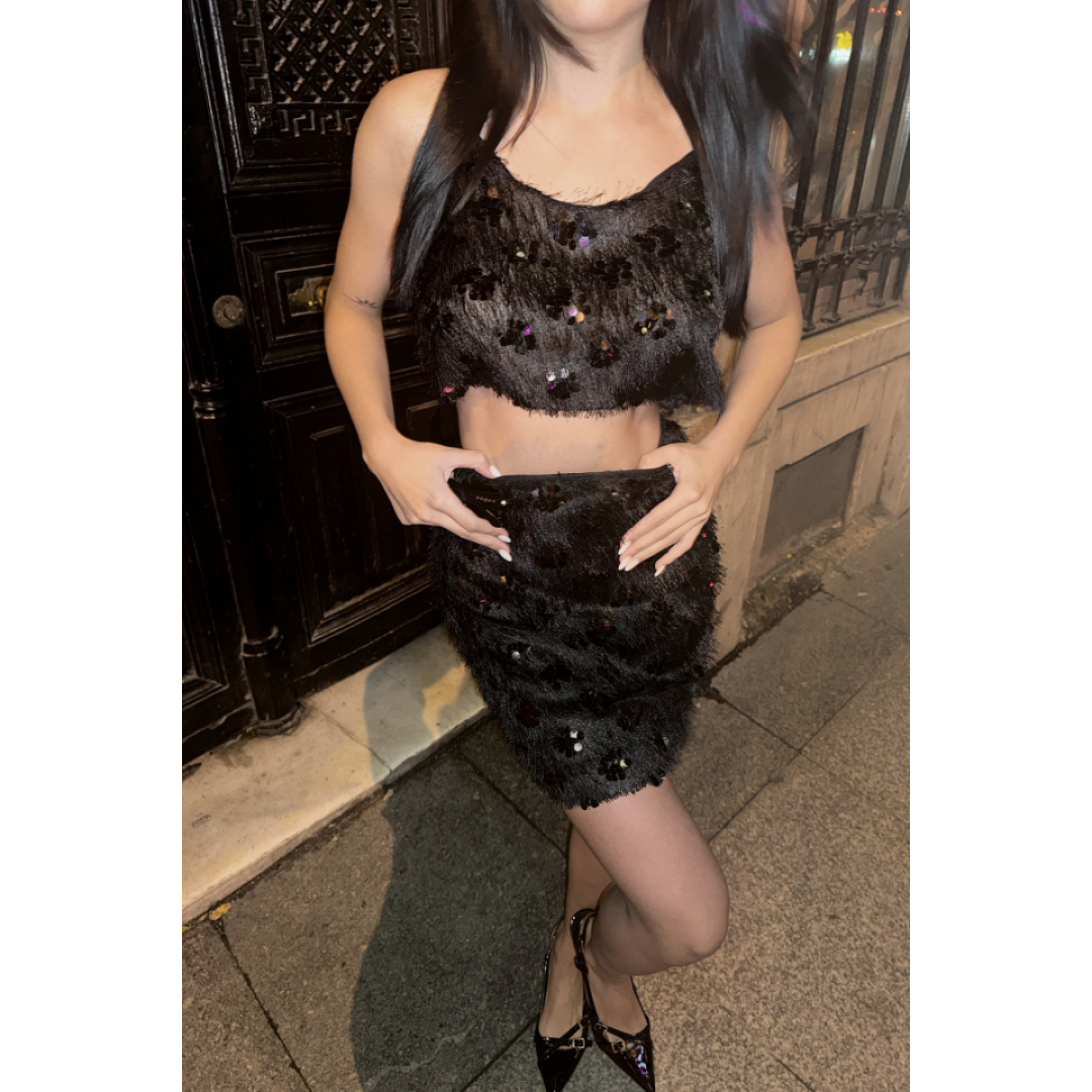 PÜSKÜL PAYET CROP BLUZ-KISA ETEK TAKIM - Siyah 153422 PÜSKÜL PAYET CROP BLUZ-KISA ETEK TAKIM - Siyah 153422