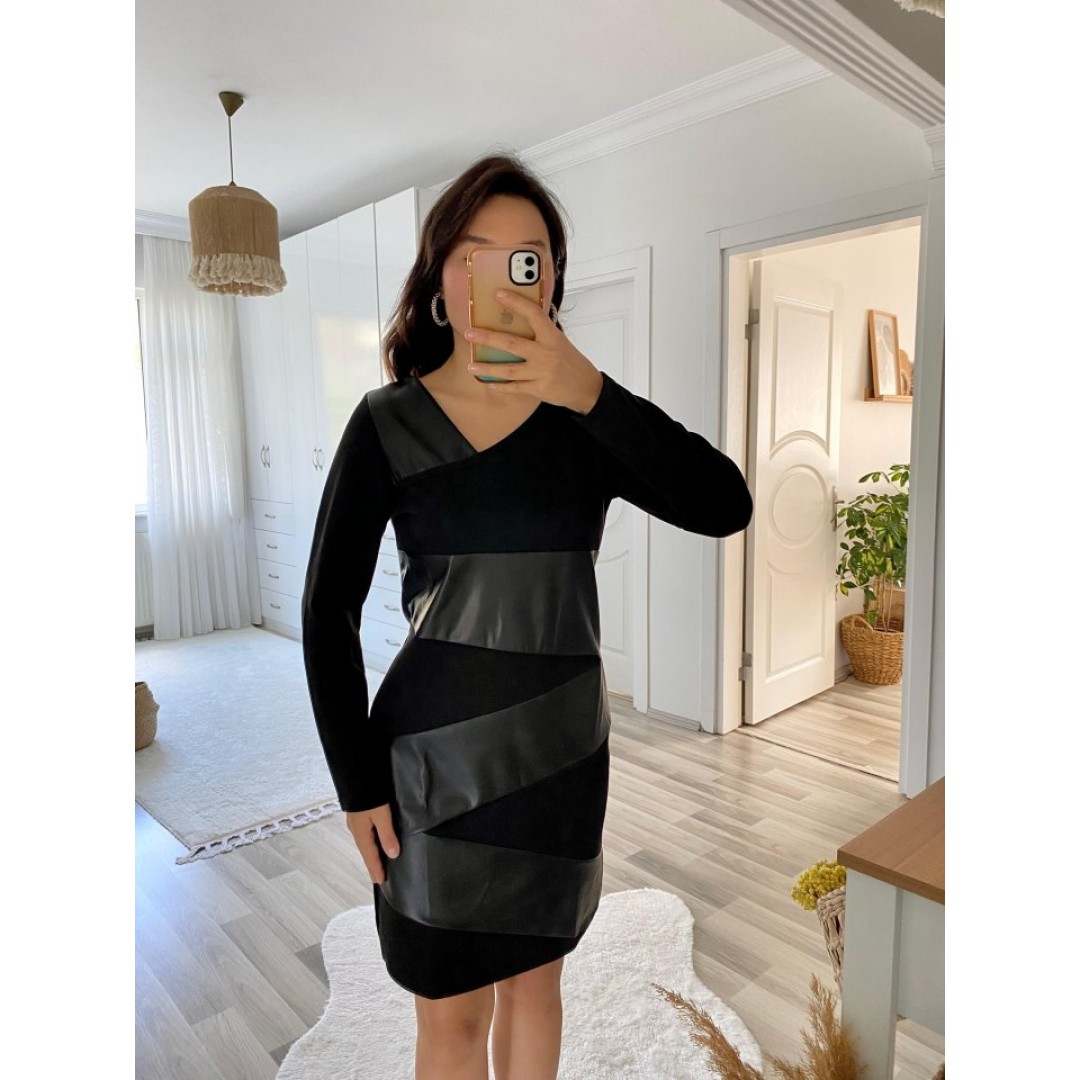 Kadın Uzun Kollu Asimetrik Yaka Süet Ve Deri Mini Boy Elbise - 133965 Kadın Uzun Kollu Asimetrik Yaka Süet Ve Deri Mini Boy Elbise - 133965