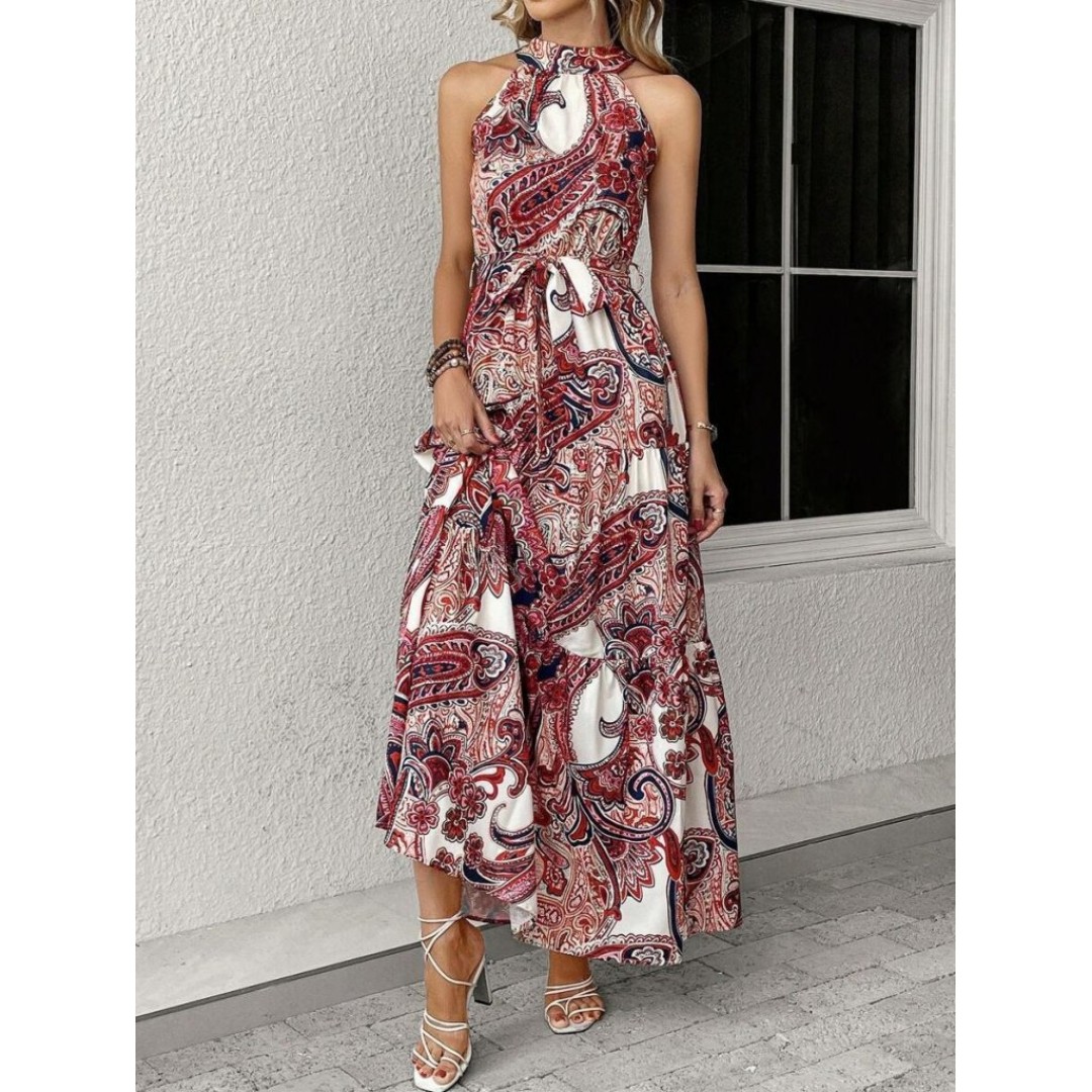 Kadın Halter Yakalı Omuzlardan Açık Kuşaklı Maksi Boy Desenli Süprem Elbise - 160153 Kadın Halter Yakalı Omuzlardan Açık Kuşaklı Maksi Boy Desenli Süprem Elbise - 160153