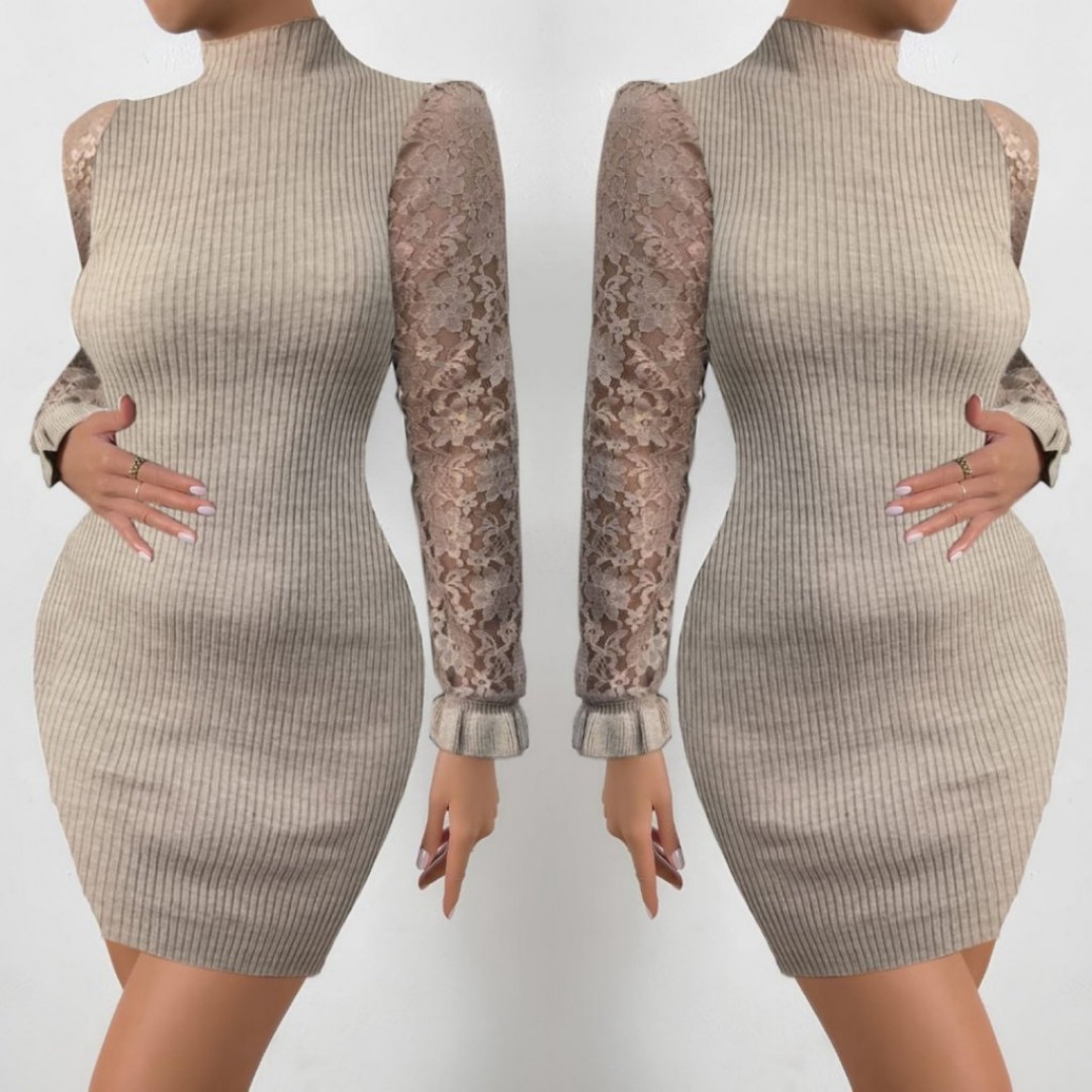 Kadın Uzun Kollu Kollar Tül Detay Triko Mini Boy Elbise - 132292 Kadın Uzun Kollu Kollar Tül Detay Triko Mini Boy Elbise - 132292