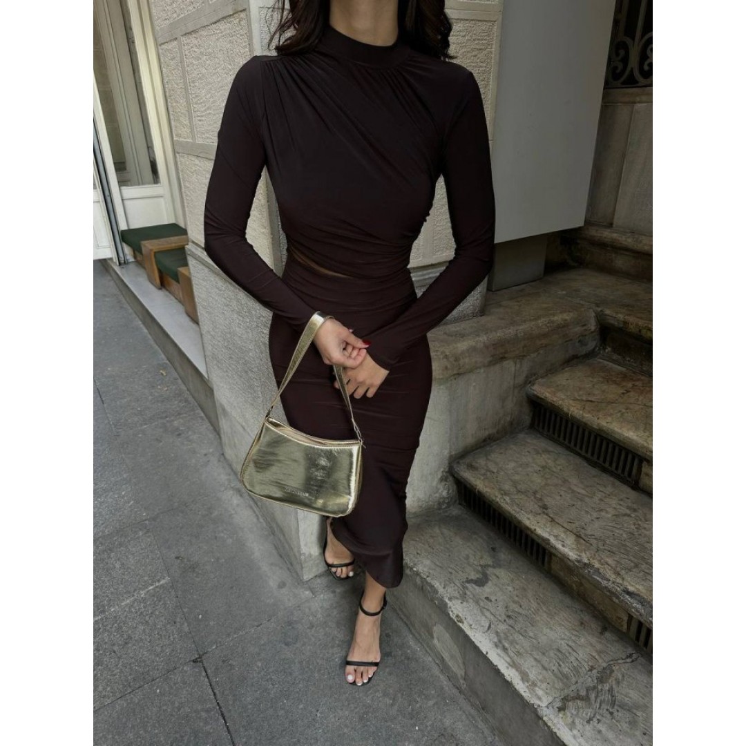 Kadın Sandy Kumaş Drabe Yaka Belinde Tül Detaylı Midi Boy Elbise - 135976 Kadın Sandy Kumaş Drabe Yaka Belinde Tül Detaylı Midi Boy Elbise - 135976