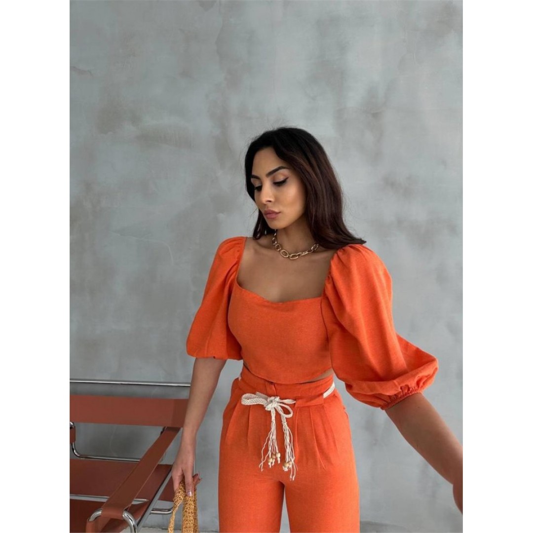 KETEN CROP KARPUZ KOL BLUZ-PANTOLON HASIR KEMERLİ - Orange 152495 KETEN CROP KARPUZ KOL BLUZ-PANTOLON HASIR KEMERLİ - Orange 152495