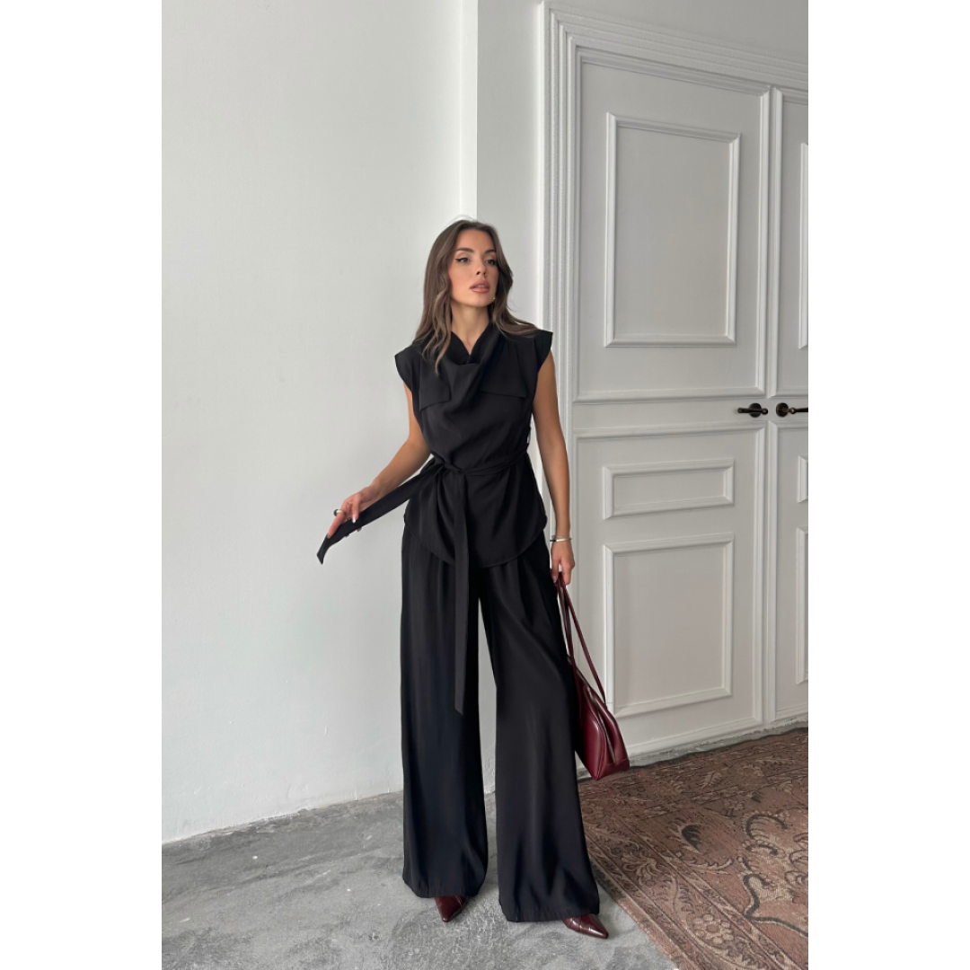 TENCEL MODAL KOLSUZ BLUZ KAPALI CEP DETAYLI DÖKÜMLÜ - PANTOLON TAKIM - Siyah