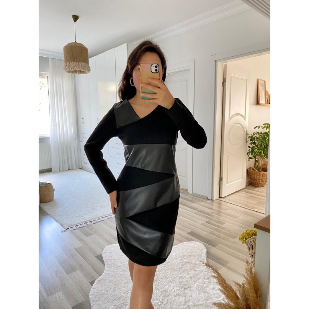 Kadın Uzun Kollu Asimetrik Yaka Süet Ve Deri Mini Boy Elbise - 133965 Kadın Uzun Kollu Asimetrik Yaka Süet Ve Deri Mini Boy Elbise - 133965