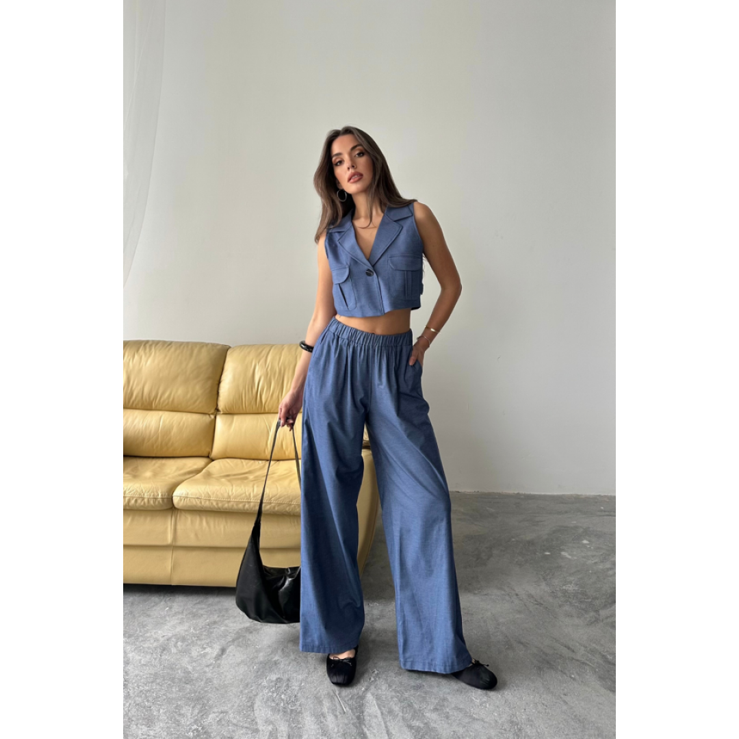 TENCEL CROP KOLSUZ GÖMLEK - PANTOLON TAKIM - İndigo - 160811 TENCEL CROP KOLSUZ GÖMLEK - PANTOLON TAKIM - İndigo - 160811