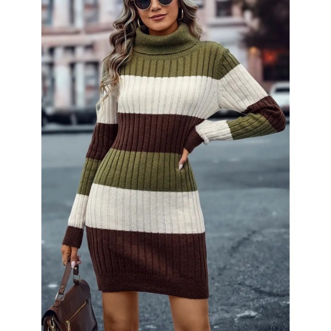 Kadın Uzun Kollu Balıkçı Yaka üç Renk Triko Mini Elbise - 95806 Kadın Uzun Kollu Balıkçı Yaka üç Renk Triko Mini Elbise - 95806