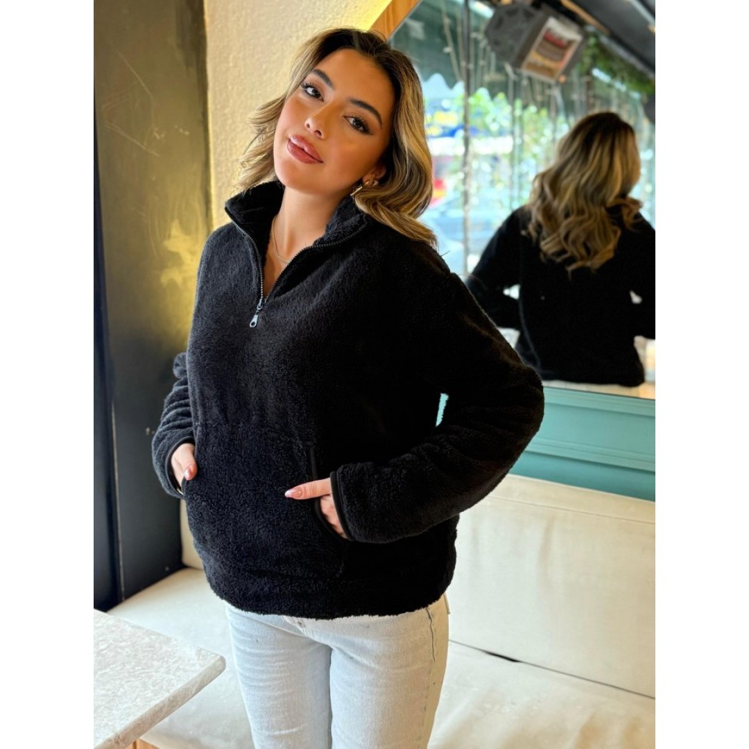 Kadın Uzun Kollu önden Fermuarlı Cepli Peluş Sweat - 136255 Kadın Uzun Kollu önden Fermuarlı Cepli Peluş Sweat - 136255
