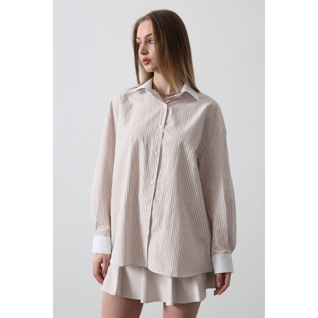 Çizgili Oversize Gömlek - Bej - 151558 Çizgili Oversize Gömlek - Bej - 151558