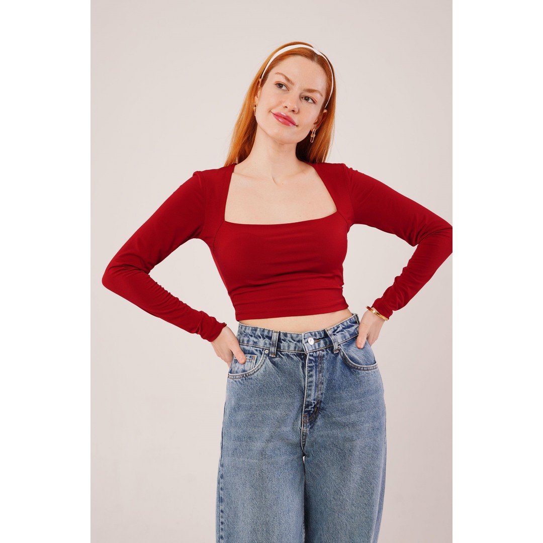 Kare Yaka Basic Bordo Bluz - 147544 Kare Yaka Basic Bordo Bluz - 147544