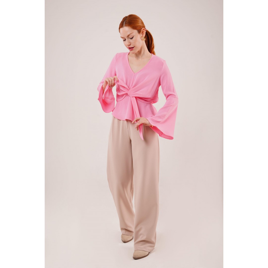 Ön Bağlamalı Volan Kol Pembe Bluz 147384 Ön Bağlamalı Volan Kol Pembe Bluz 147384