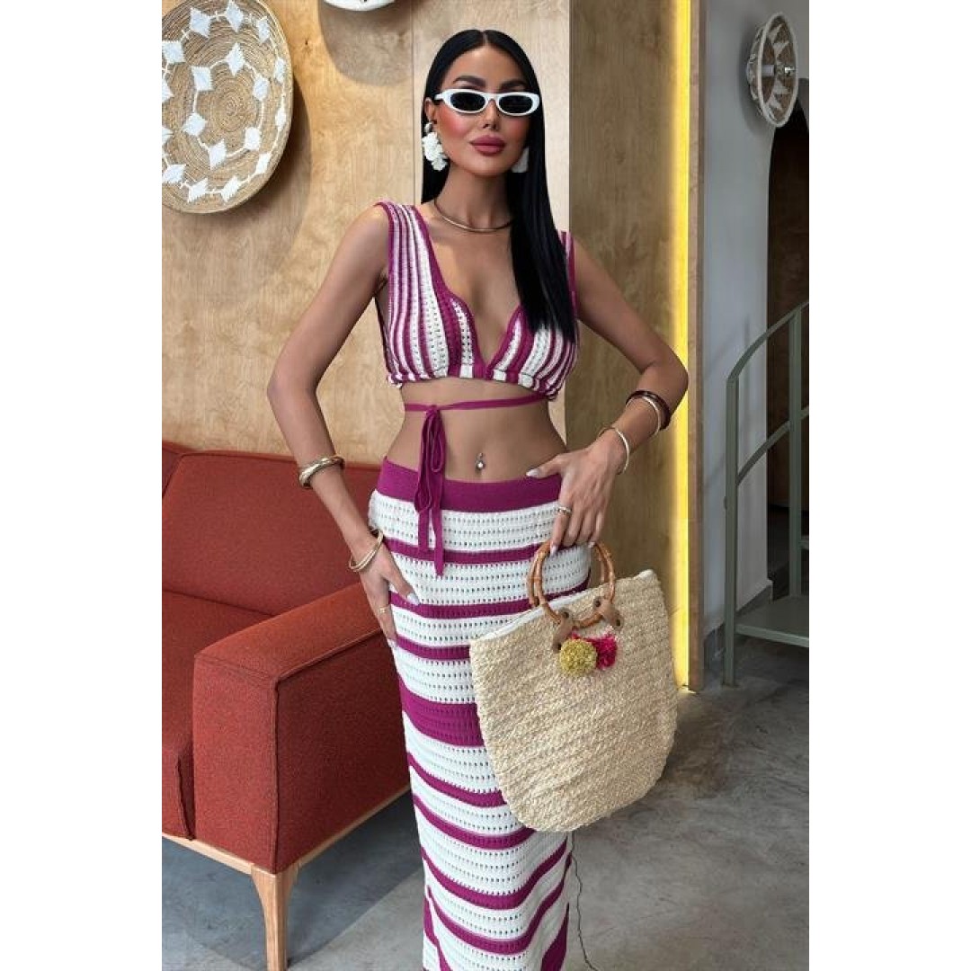 Çizgili Bikini Üst Ve Etek Triko Takım 10110 159258 Çizgili Bikini Üst Ve Etek Triko Takım 10110 159258