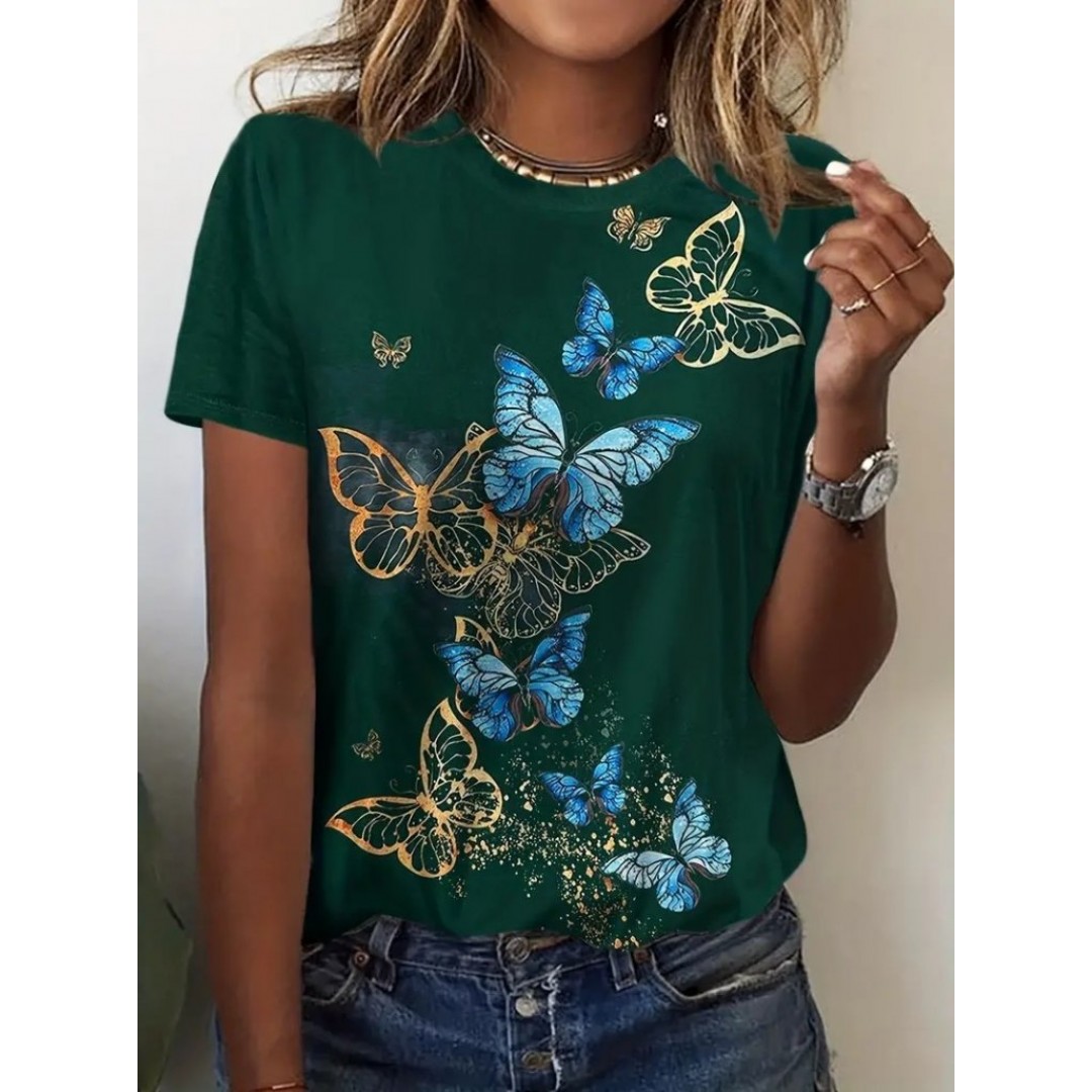 Kadın Kısa Kollu Mavi Sarı Kelebek Baskı Süprem T-shirt 115130 Kadın Kısa Kollu Mavi Sarı Kelebek Baskı Süprem T-shirt 115130
