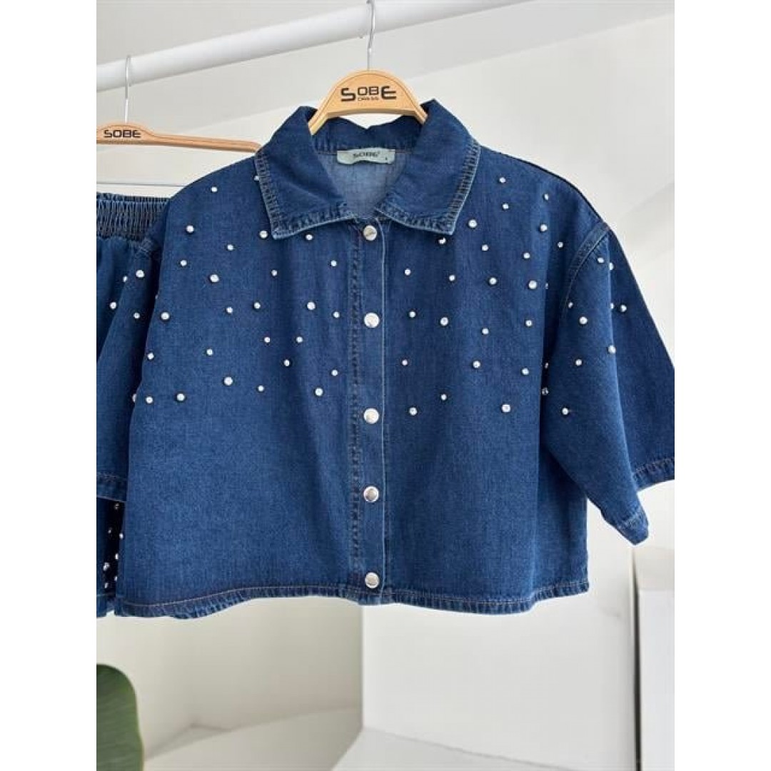 Taş Detaylı Gömlek Şort Denim Takım 10175 159450 Taş Detaylı Gömlek Şort Denim Takım 10175 159450