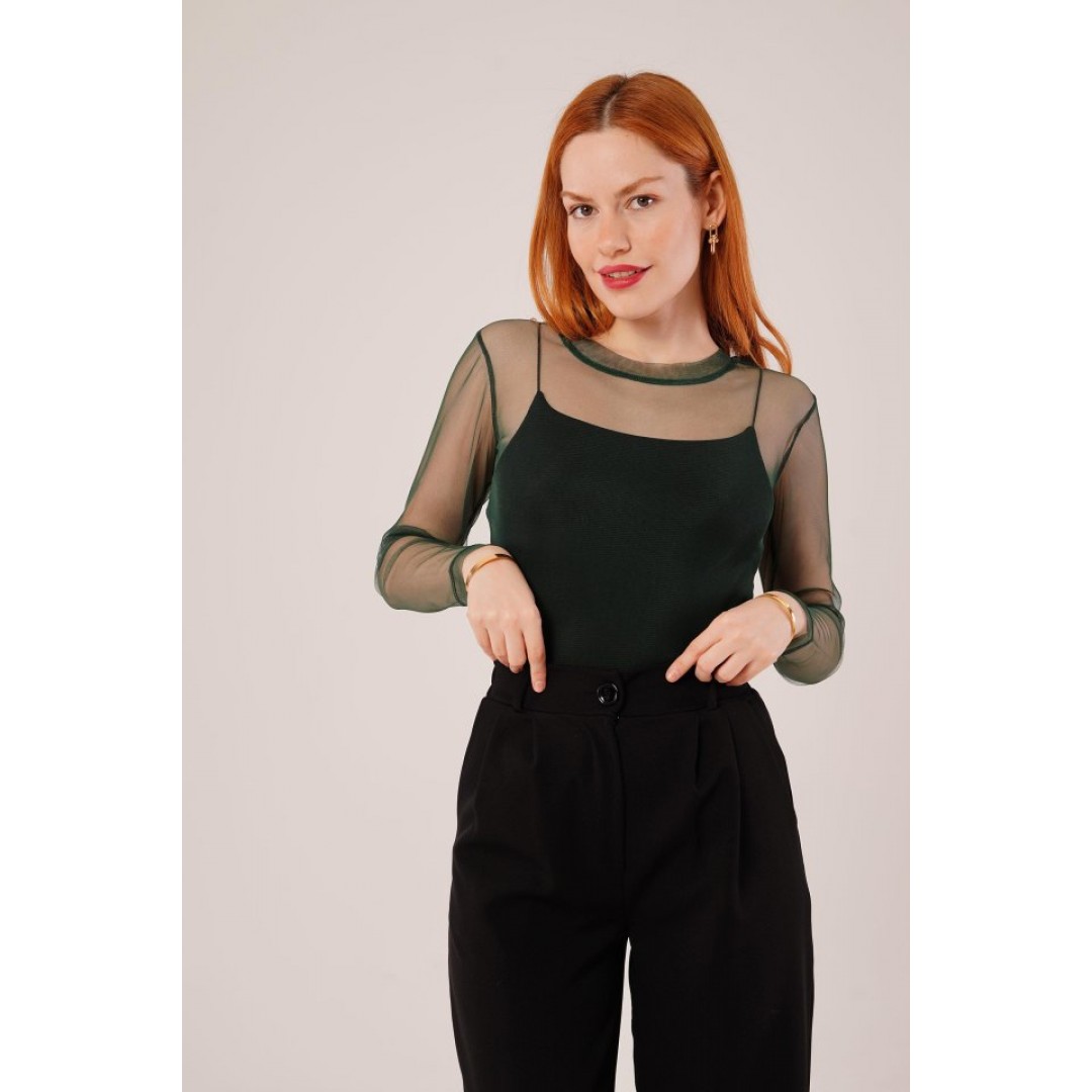 Transparan Yeşil Tül Basic Bluz 148068 Transparan Yeşil Tül Basic Bluz 148068