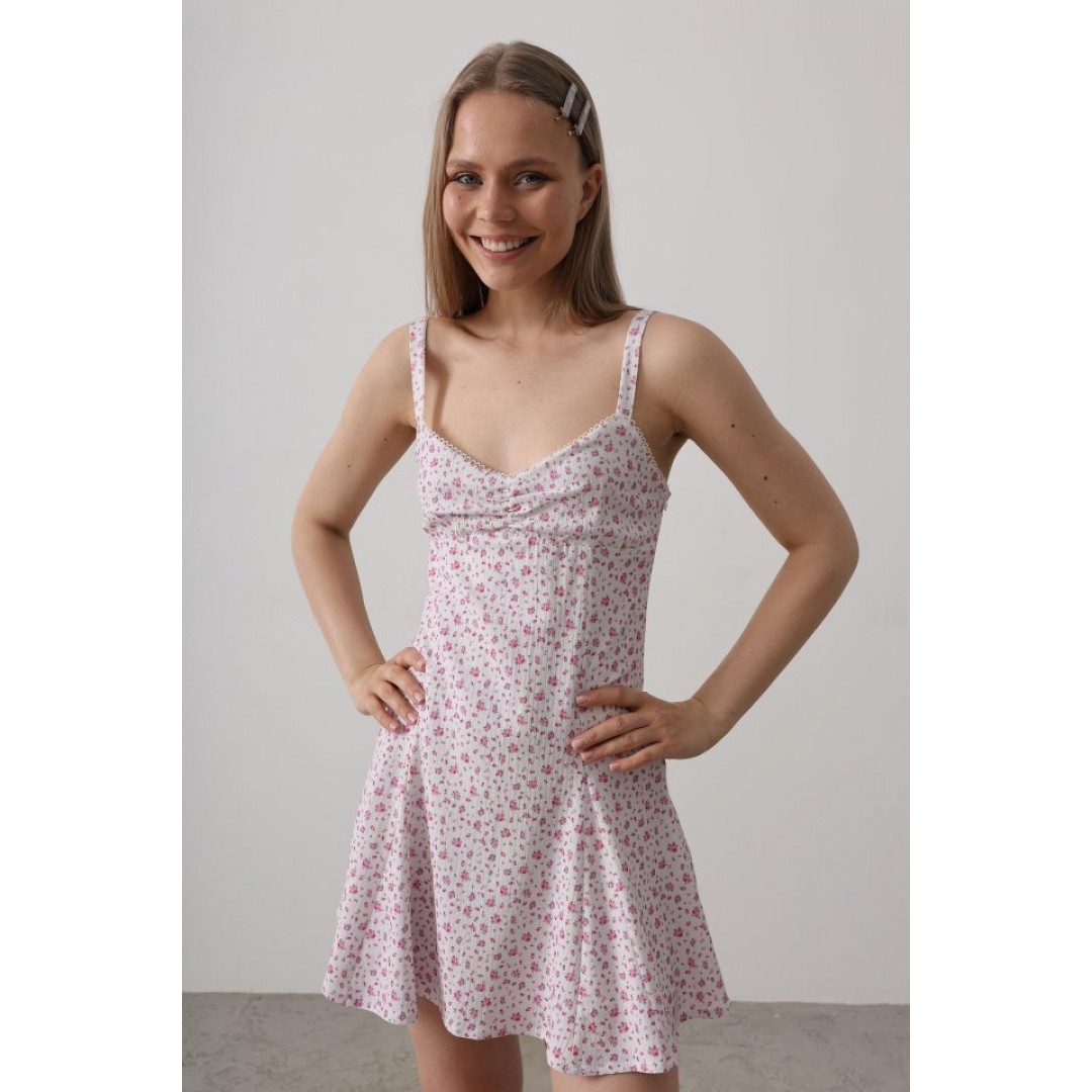 Çiçek Desenli Askılı Elbise - Pembe - 160647 Çiçek Desenli Askılı Elbise - Pembe - 160647
