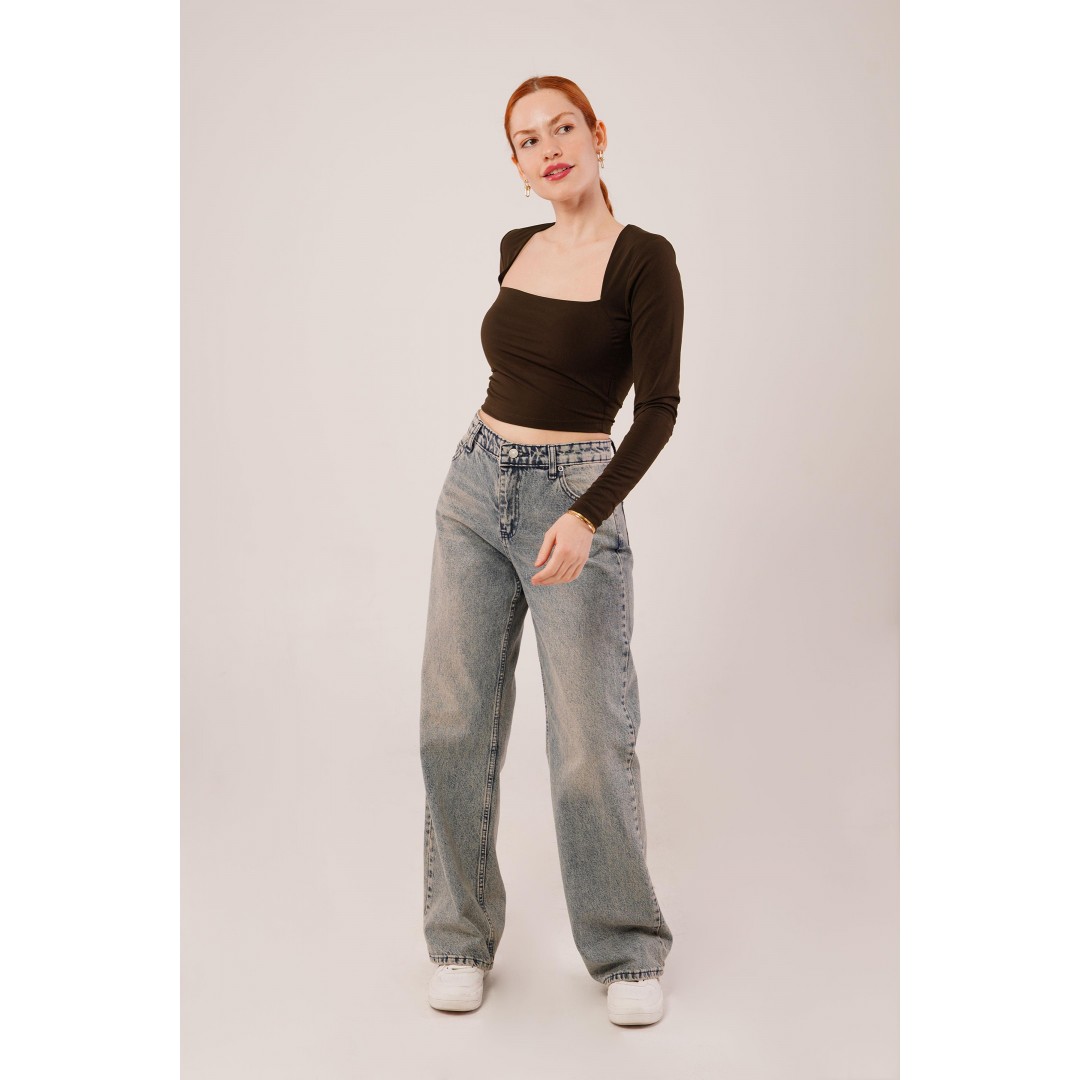 Kare Yaka Basic Kahverengi Bluz - 147545 Kare Yaka Basic Kahverengi Bluz - 147545
