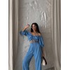 KETEN CROP BLUZ BÜZGÜ YAKA + PANTOLON TAKIM - Mavi 150087