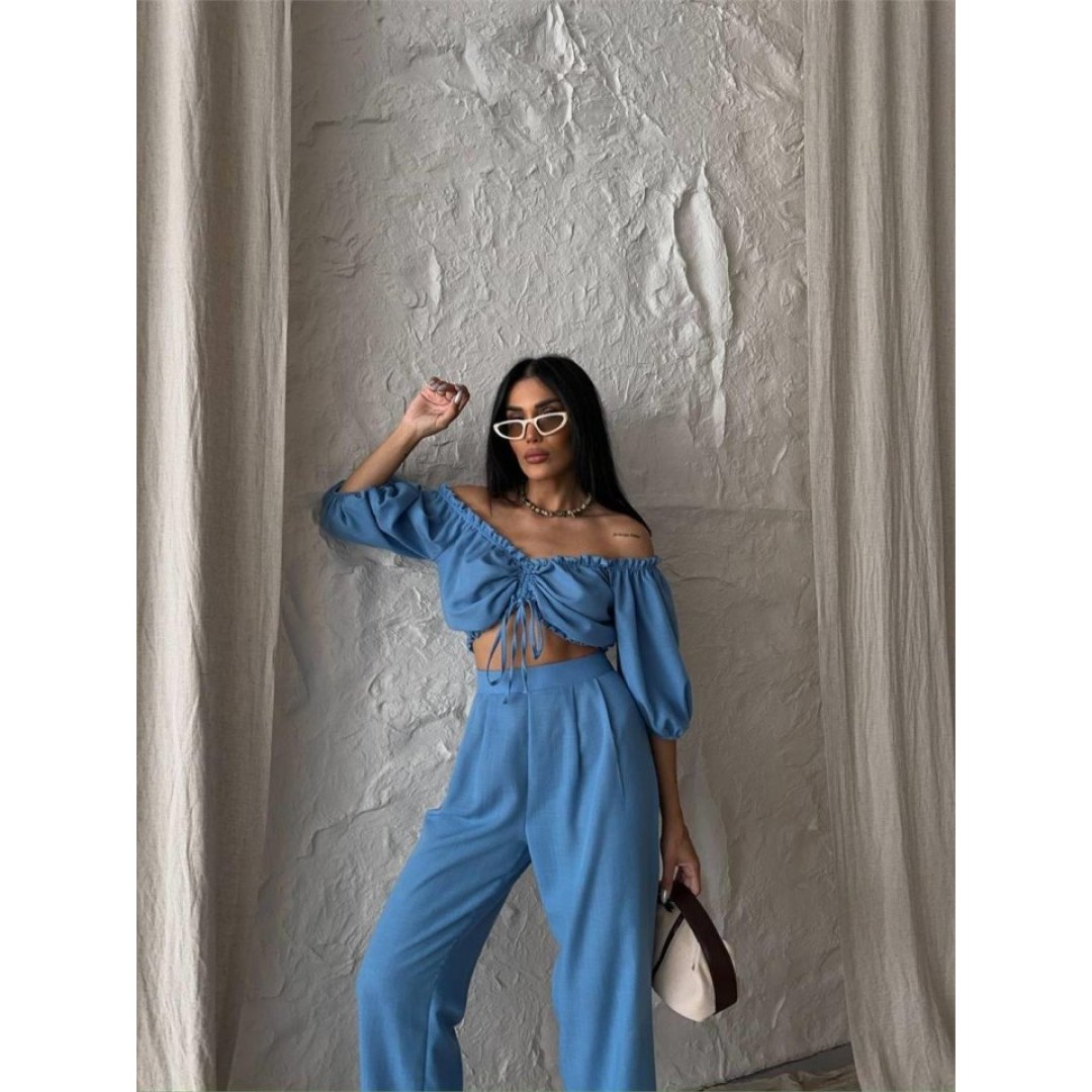 KETEN CROP BLUZ BÜZGÜ YAKA + PANTOLON TAKIM - Mavi