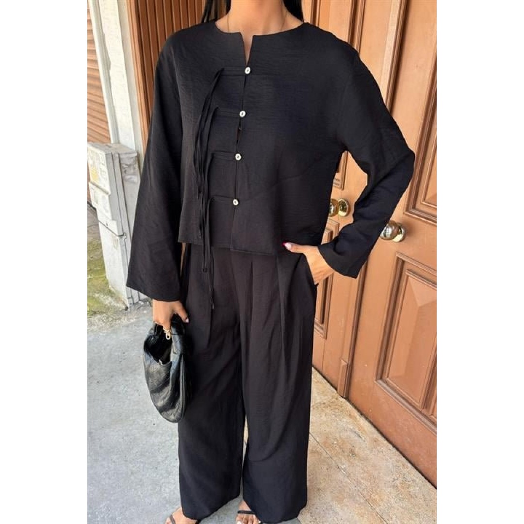 Önü İnce Kordon Detaylı Ve Double Paça Pantolonlu Takım 10180 159420 Önü İnce Kordon Detaylı Ve Double Paça Pantolonlu Takım 10180 159420