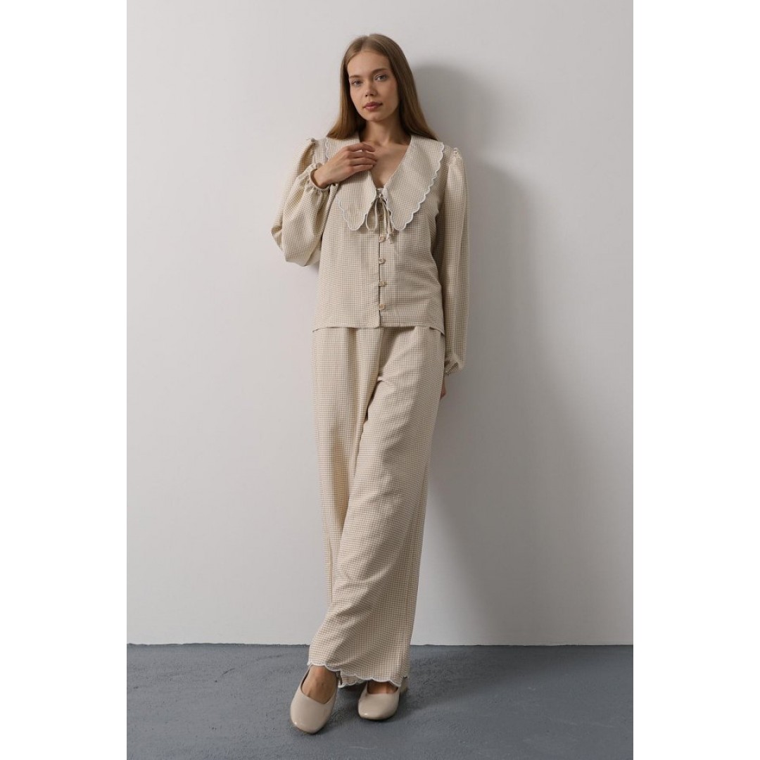 İşlemeli Bebe Yakalı Pantolon Takım - Taş 162862