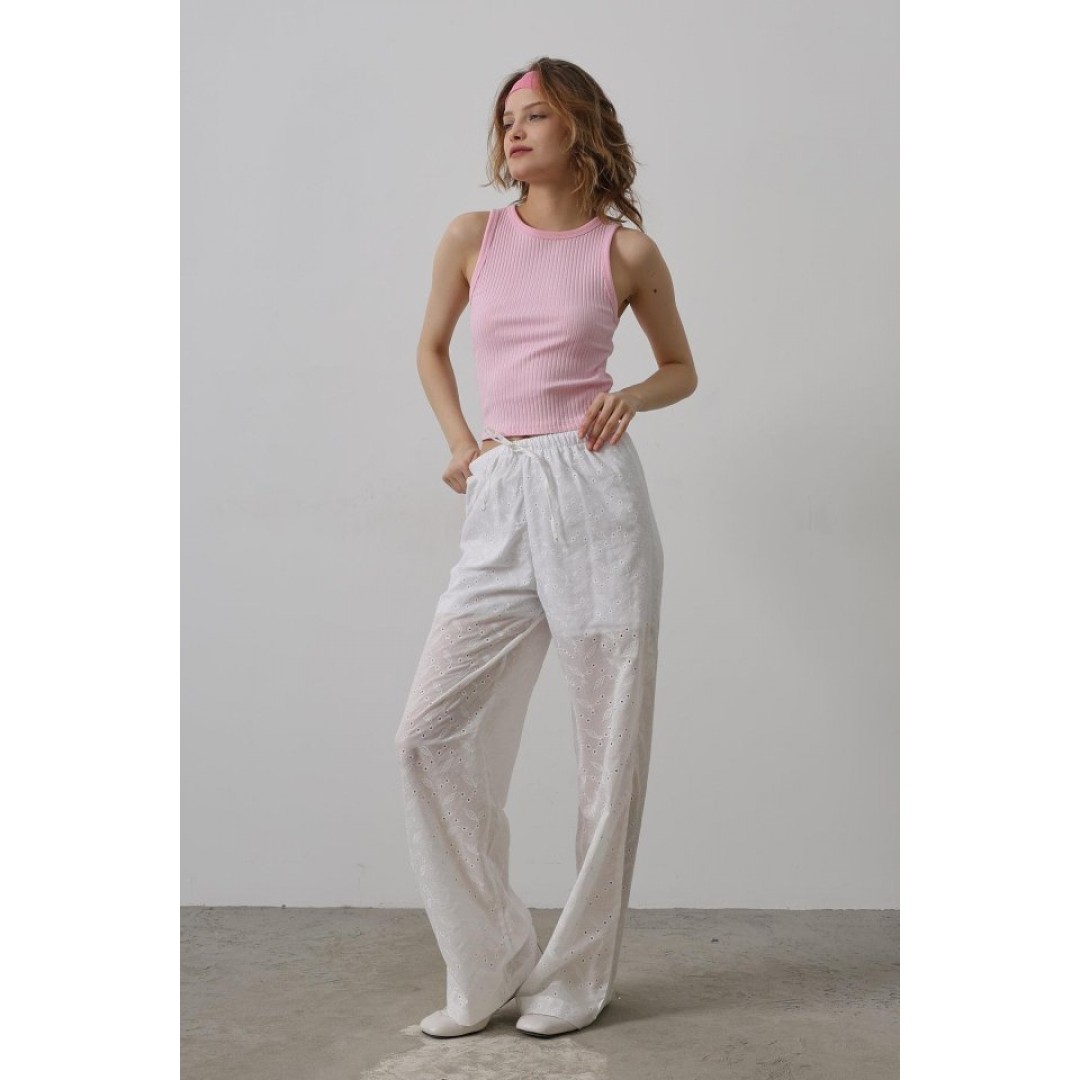 Beli Bağlamalı Brode Pantolon - Beyaz 157479 Beli Bağlamalı Brode Pantolon - Beyaz 157479