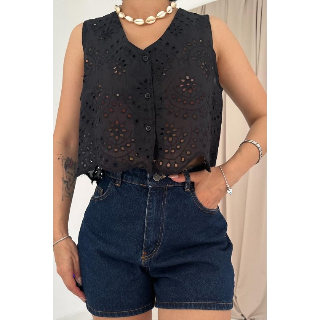 Siyah Sıfır Kol Brode Bluz 153476 Siyah Sıfır Kol Brode Bluz 153476