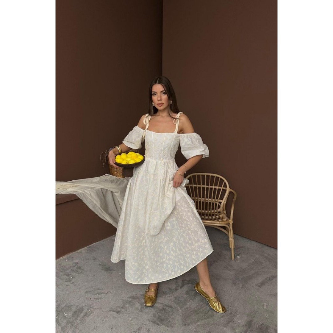 Bej Omuzu Bağcıklı Balon Kollu Brode Elbise - 158259 Bej Omuzu Bağcıklı Balon Kollu Brode Elbise - 158259