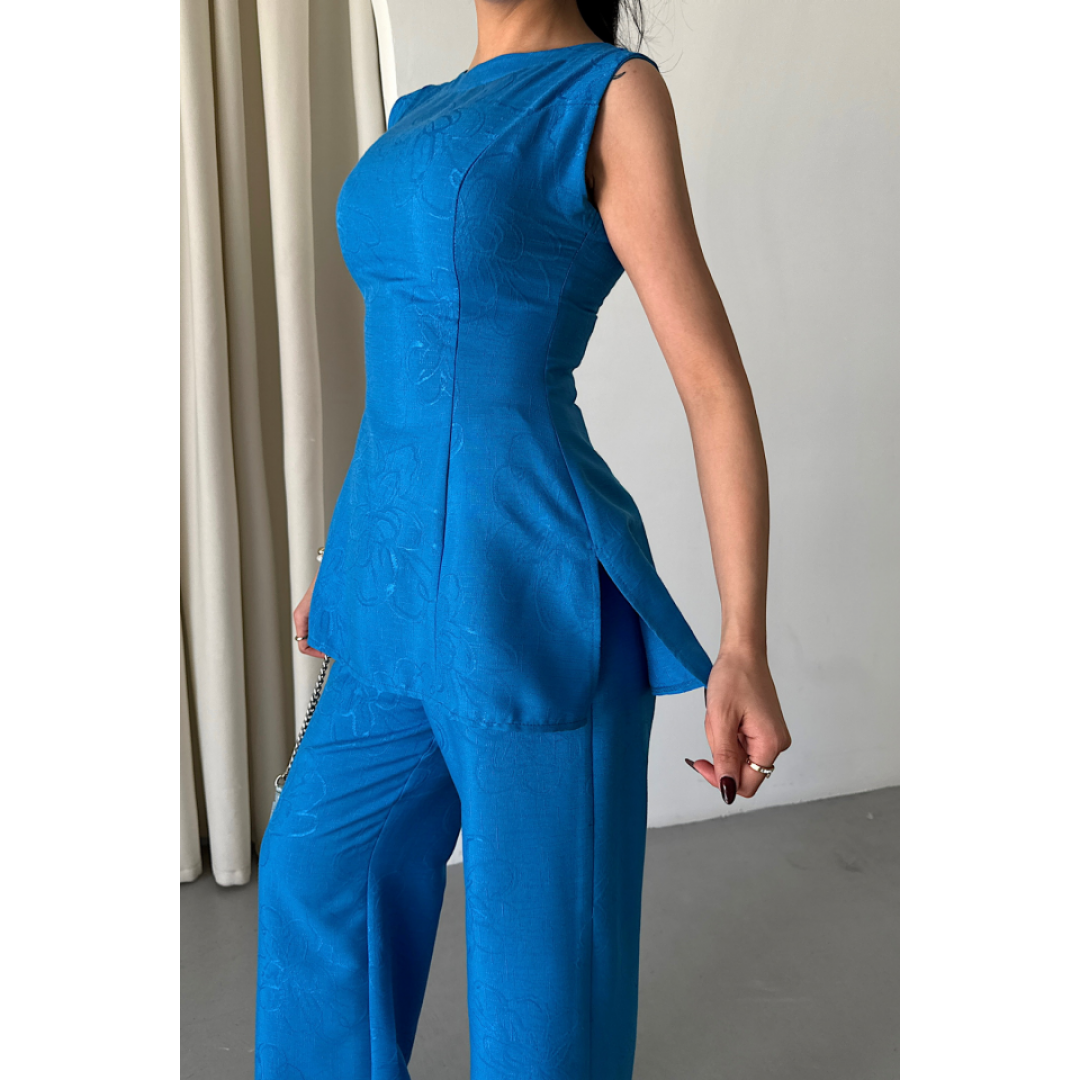 JAKAR KETEN KOLSUZ BLUZ-PANTOLON TK - Mavi 154162 JAKAR KETEN KOLSUZ BLUZ-PANTOLON TK - Mavi 154162