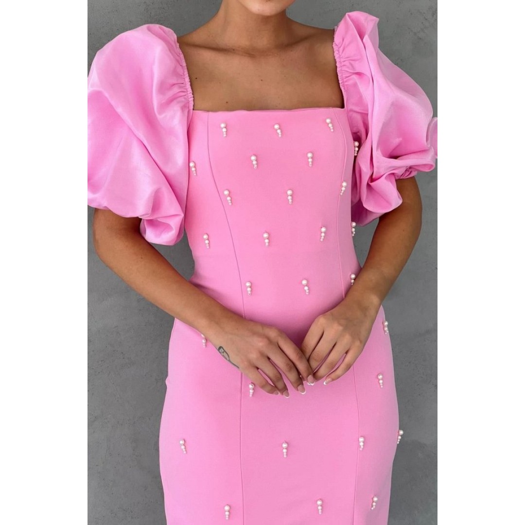 Pembe İşlemeli Kolu Garnili Elbise 154101 Pembe İşlemeli Kolu Garnili Elbise 154101