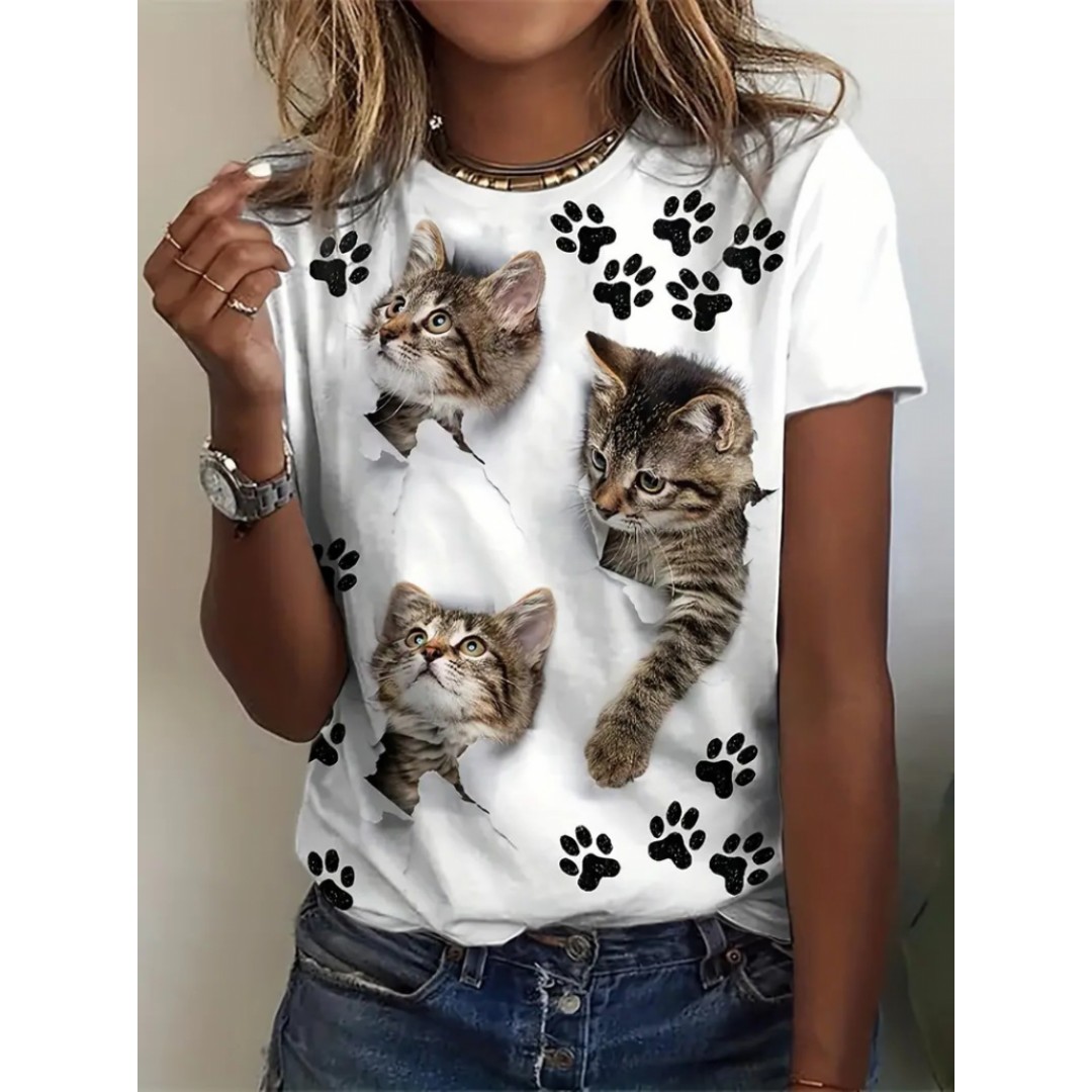 Kadın Kısa Kollu Kedi Ve Pati Baskılı Süprem T-shirt 157607 Kadın Kısa Kollu Kedi Ve Pati Baskılı Süprem T-shirt 157607