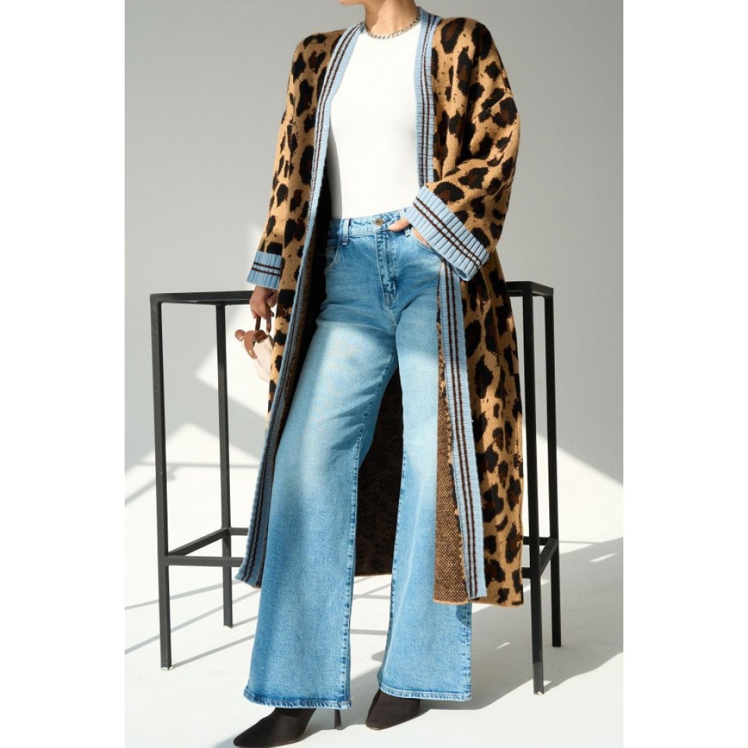 Uzun Leopar Hırka - Camel-Mavi 149754 Uzun Leopar Hırka - Camel-Mavi 149754