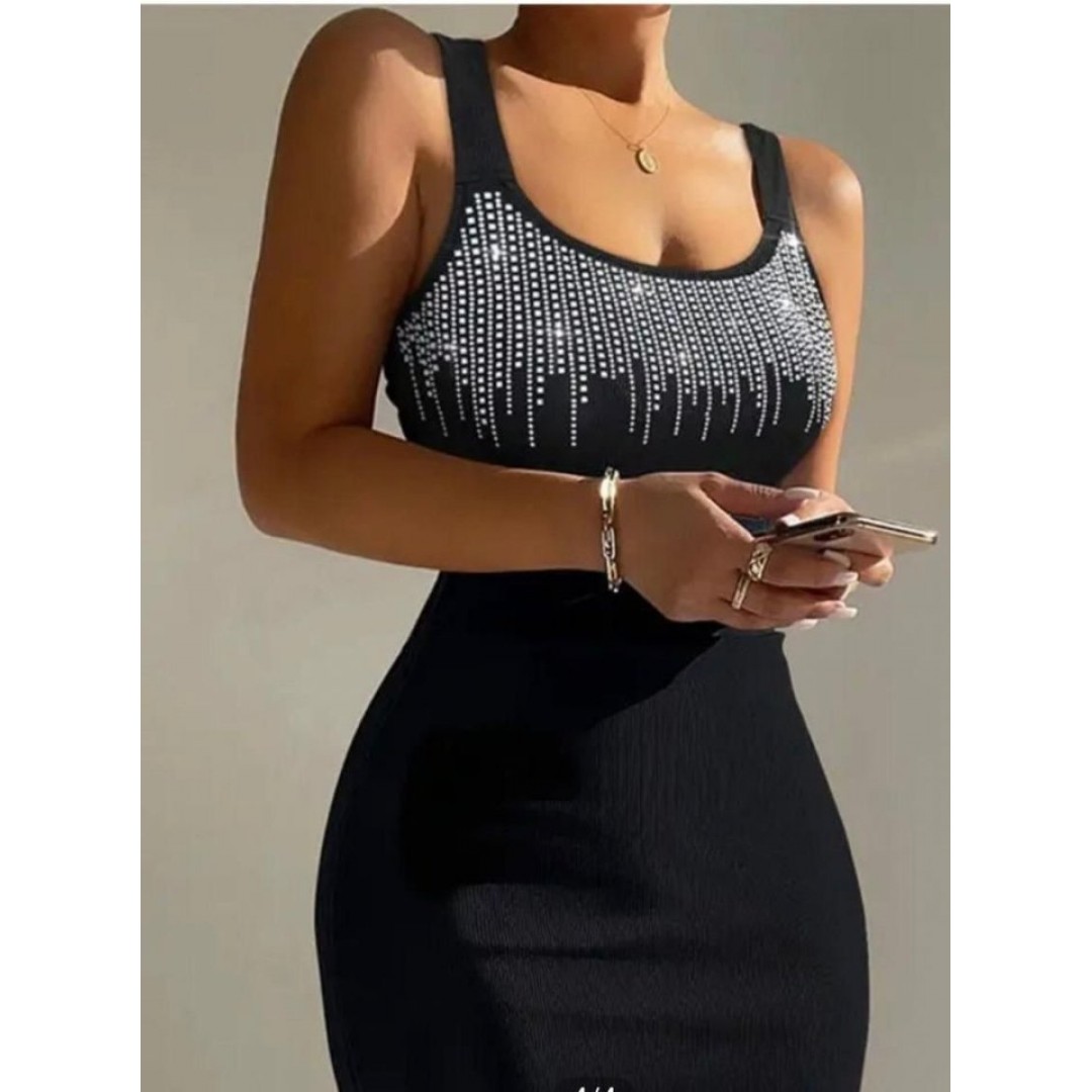 Kadın Omuz Askılı U Yaka Taş Detay Midi Boy Elbise - 153880 Kadın Omuz Askılı U Yaka Taş Detay Midi Boy Elbise - 153880