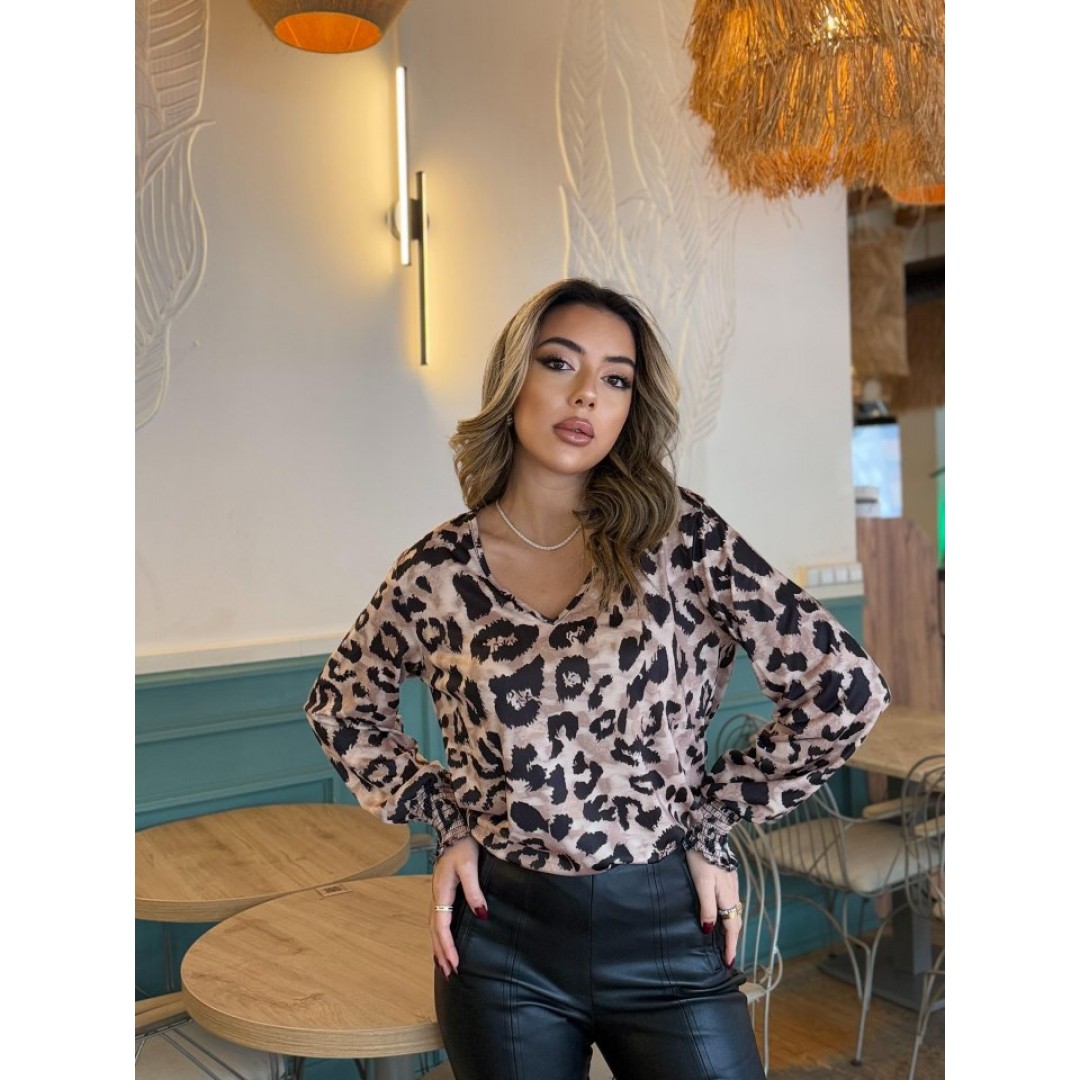 Kadın Uzun Kollu V Yakalı Leopar Desenli Dalgıç Bluz - 137604 Kadın Uzun Kollu V Yakalı Leopar Desenli Dalgıç Bluz - 137604