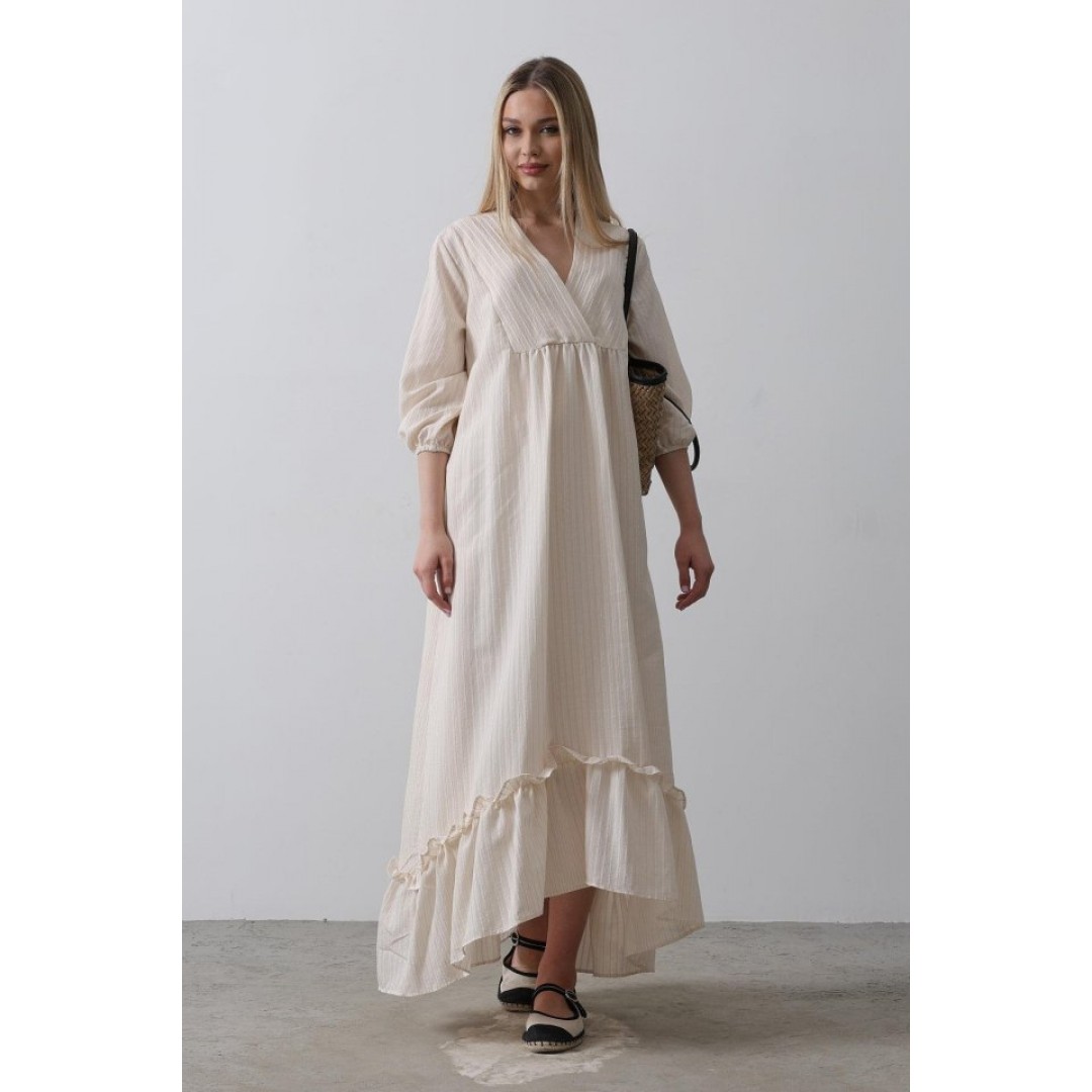 Çizgili Oversize V Yaka Elbise - Bej - 154465