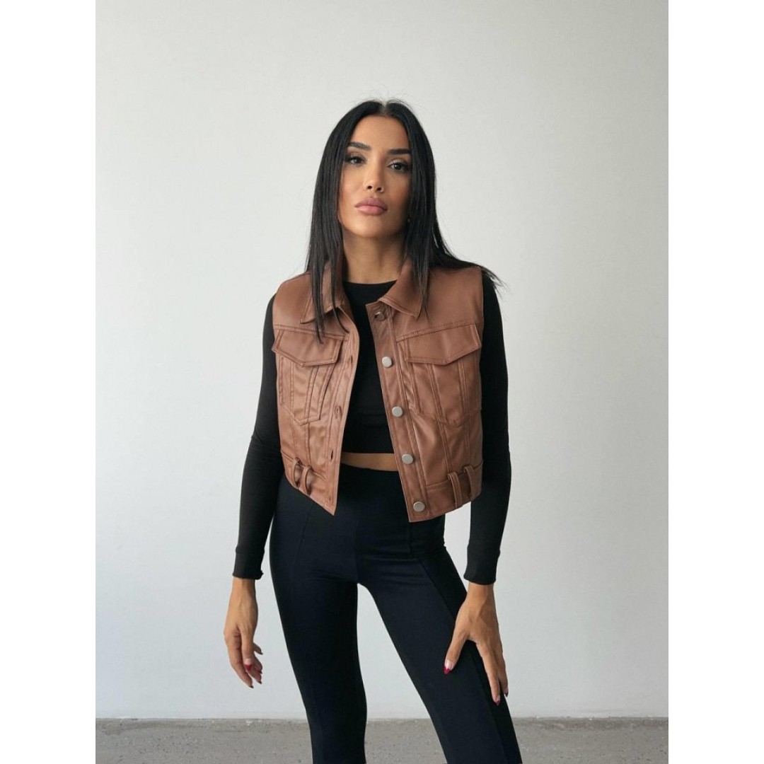 DERİ CROP YELEK - Kahverengi 150465 DERİ CROP YELEK - Kahverengi 150465