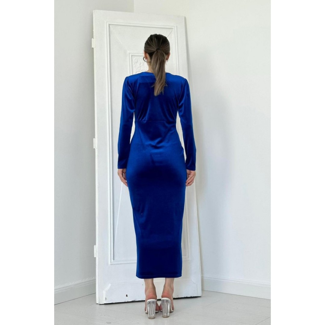 Saks Eteği Yırtmaçlı Kadife Elbise - 151724 Saks Eteği Yırtmaçlı Kadife Elbise - 151724