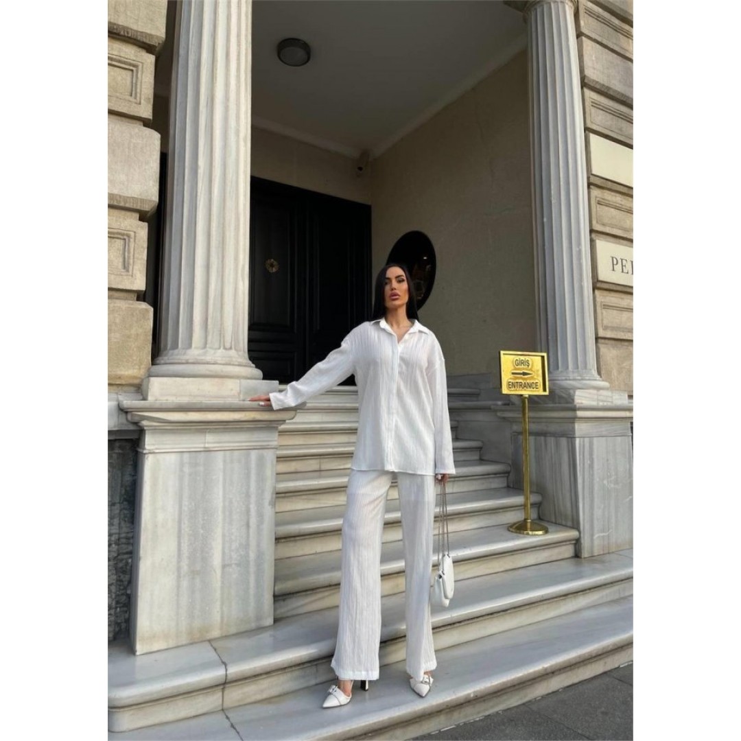 KENDİNDEN DESENLİ KRINKILL GÖMLEK - PANTOLON TK - Beyaz 150749 KENDİNDEN DESENLİ KRINKILL GÖMLEK - PANTOLON TK - Beyaz 150749