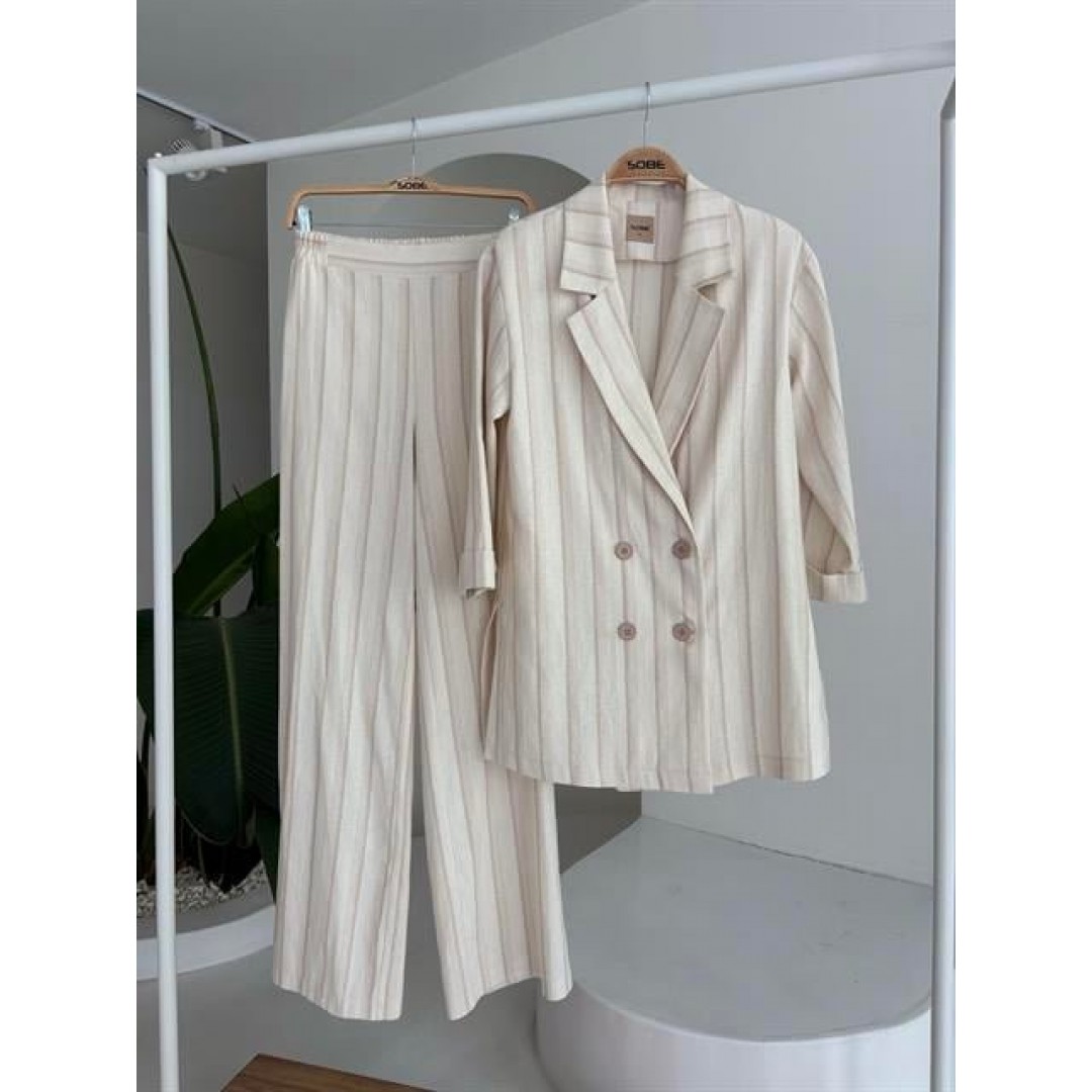 Blazer Ceketli Çizgili Keten Takım 10186 159435