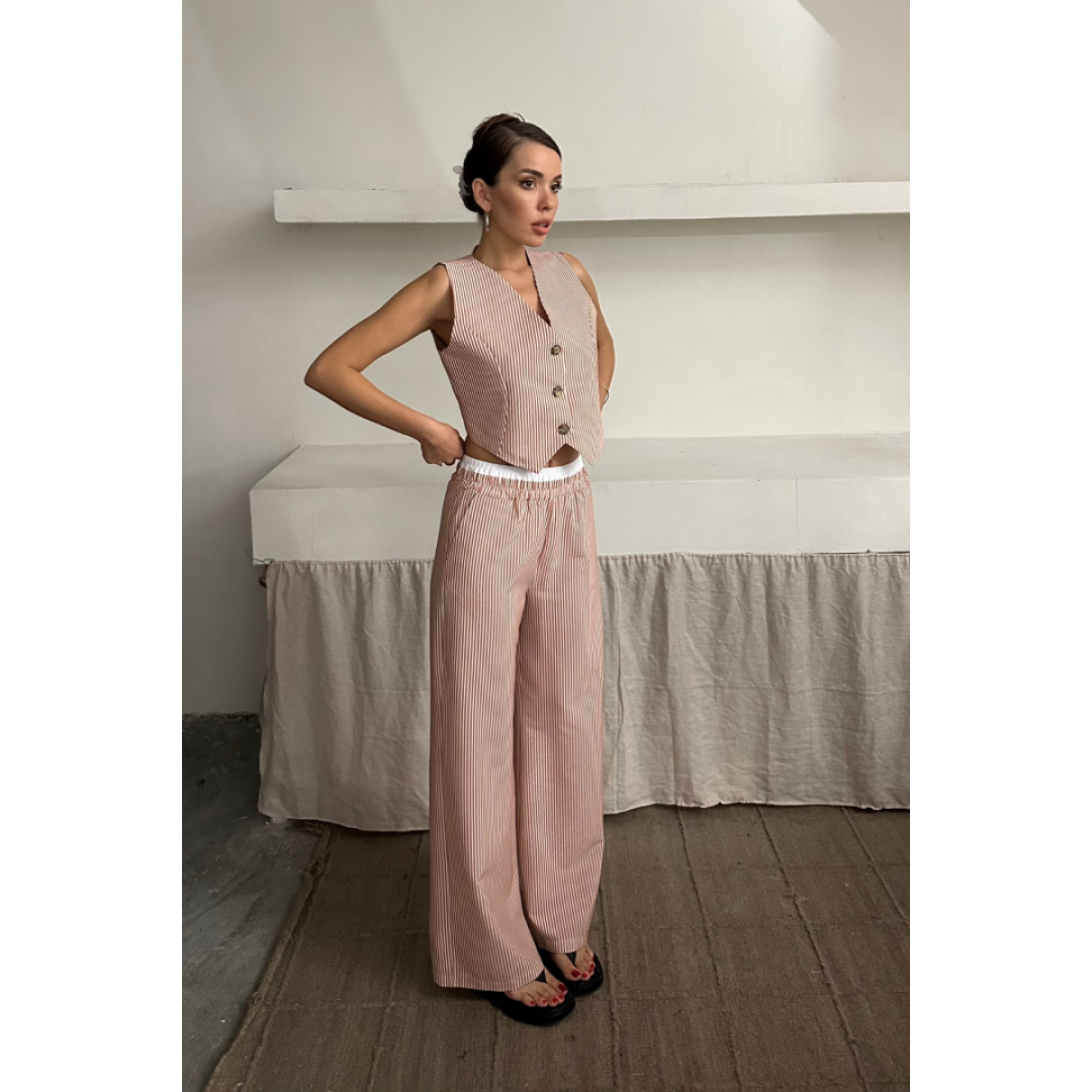 GOFRE ÇİZGİLİ YELEK - PANTOLON TAKIM - Kahverengi 160809 GOFRE ÇİZGİLİ YELEK - PANTOLON TAKIM - Kahverengi 160809