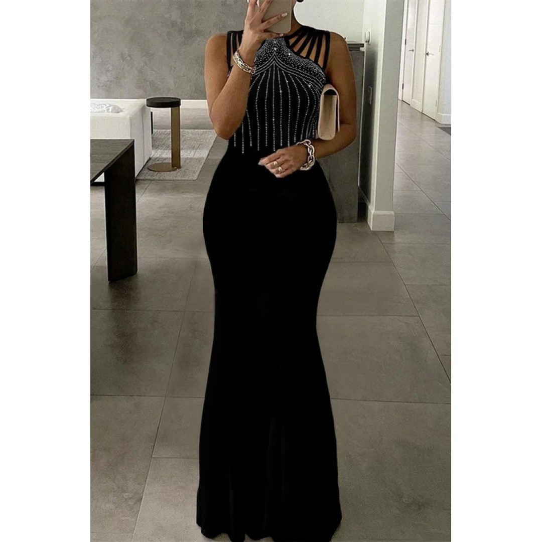 Kadın Omuz çoklu Askılı önü Taş Işlemeli Balık Kesim Janjan Krep Maxi Boy Elbise - 156316