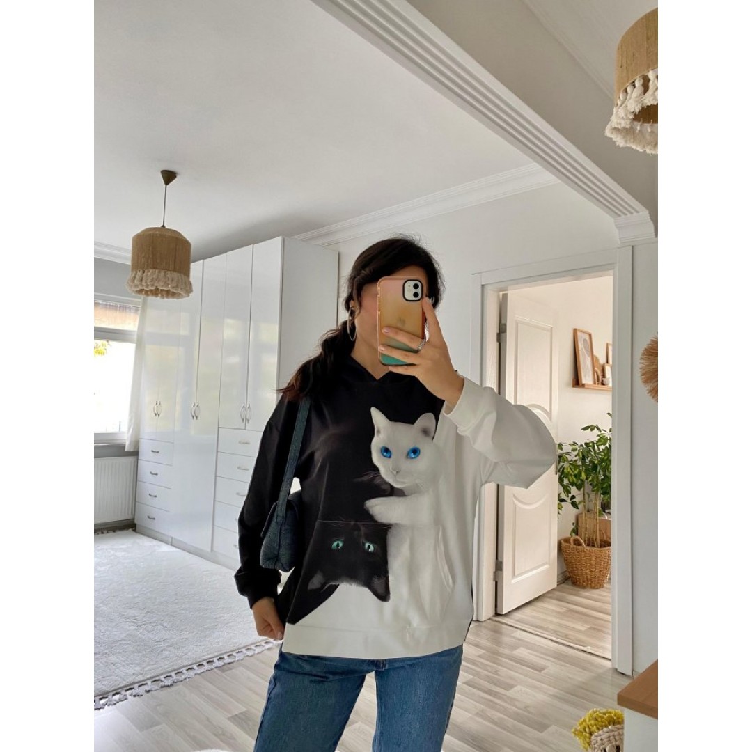 Kadın Uzun Kollu Kapşonlu Bağcıklı Kedi Desenli şardonlu Dalgıç Bluz - 134701 Kadın Uzun Kollu Kapşonlu Bağcıklı Kedi Desenli şardonlu Dalgıç Bluz - 134701