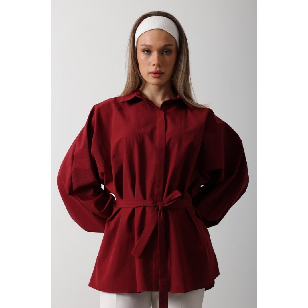 Bel Detaylı Gömlek - Bordo - 154225