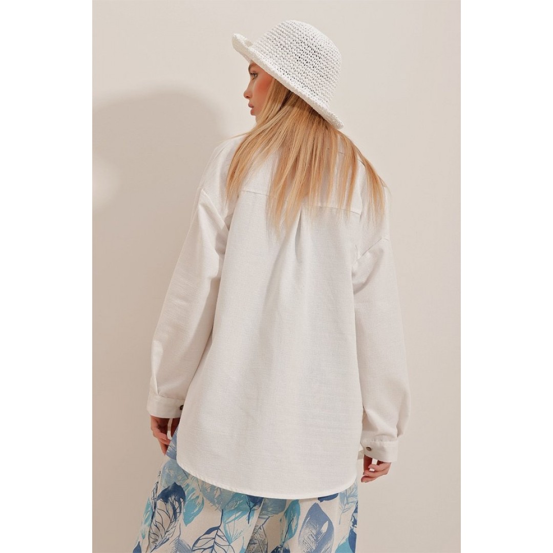 Kadın Keten Kumaş Oversize Gömlek - 159581 Kadın Keten Kumaş Oversize Gömlek - 159581