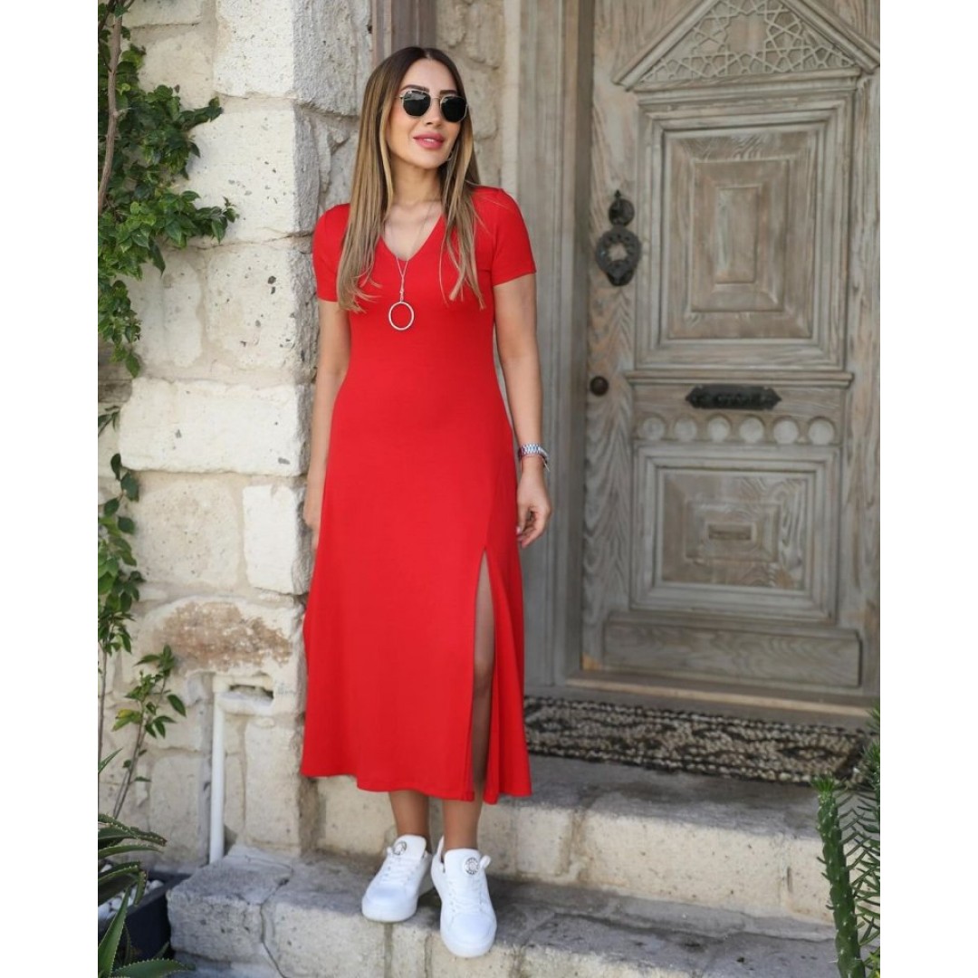 Kadın Kısa Kollu V Yaka Maxi Boy Elbise 124 Cm - 54826 Kadın Kısa Kollu V Yaka Maxi Boy Elbise 124 Cm - 54826