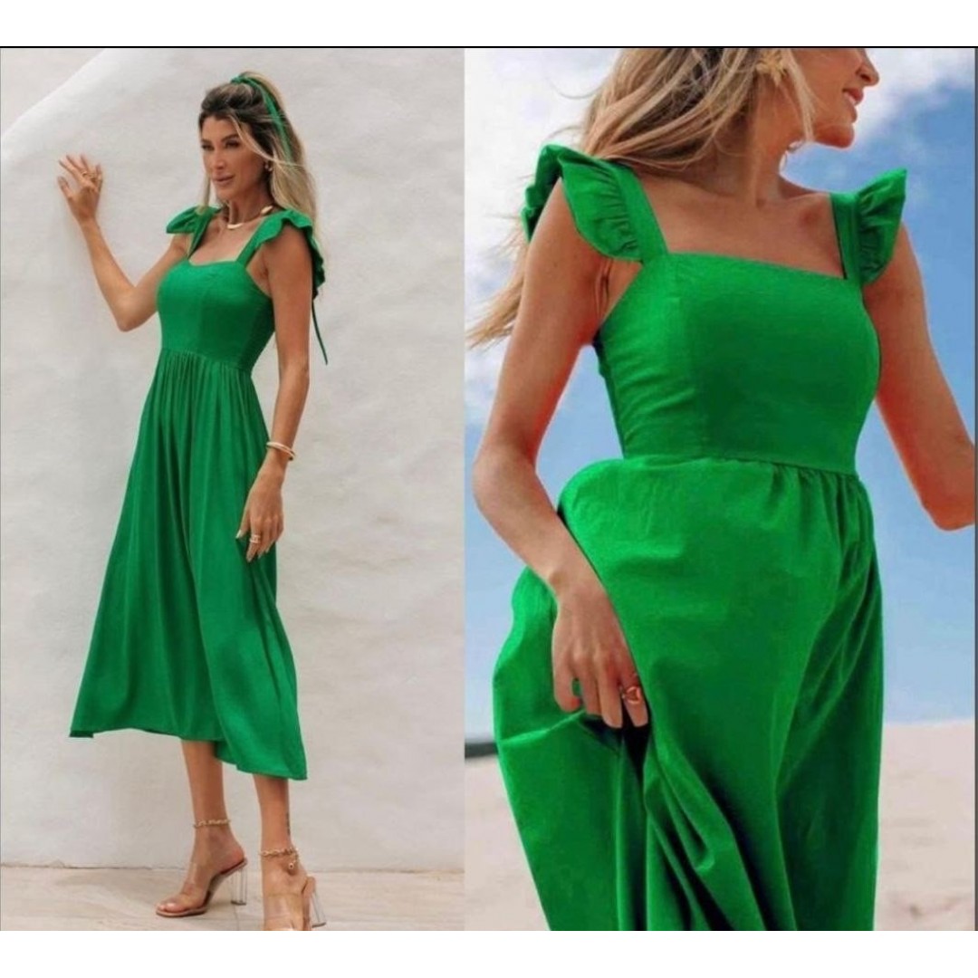 Kadın Poplin Kumaş Kare Yaka Fırfır Askılı Midi Boy Elbise - 108784 Kadın Poplin Kumaş Kare Yaka Fırfır Askılı Midi Boy Elbise - 108784