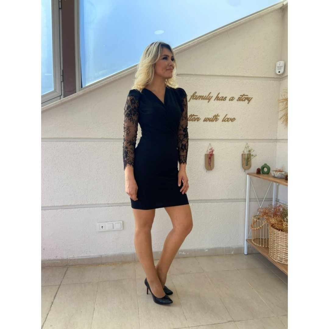 Kadın Uzun Kollu Kruvaze Yaka Kollar Tül Detay Krep Mini Boy Elbise - 132801 Kadın Uzun Kollu Kruvaze Yaka Kollar Tül Detay Krep Mini Boy Elbise - 132801